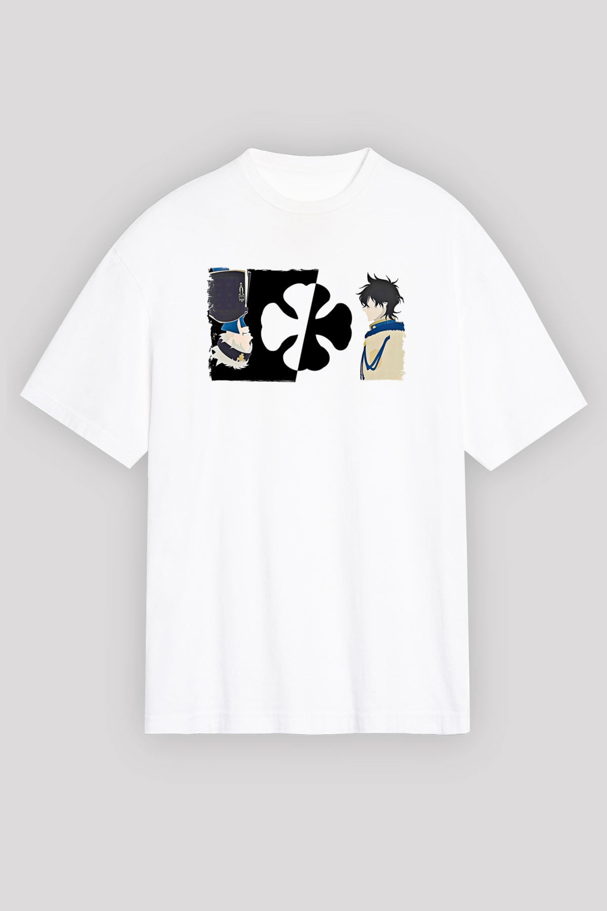 Black Clover Baskılı Beyaz Unisex Oversize Tişört - Tshirt