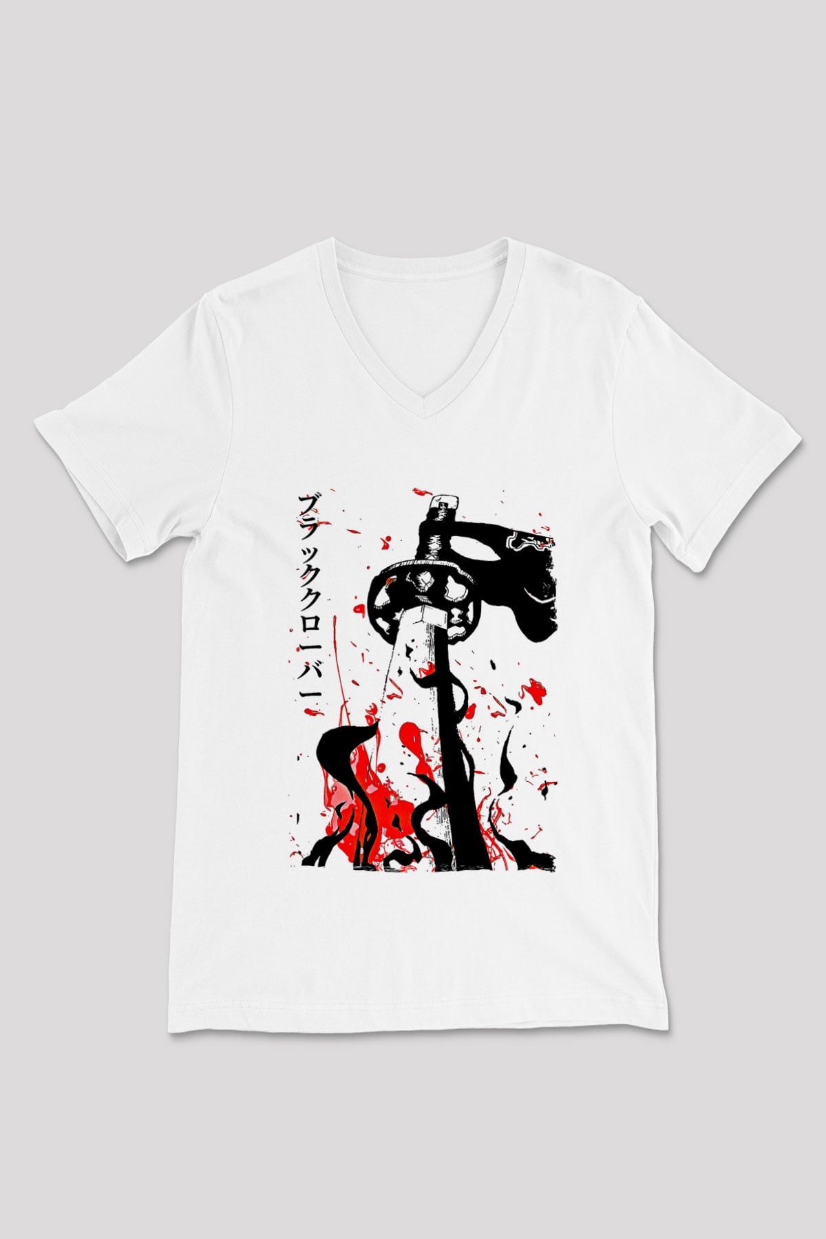 Black Clover Baskılı Beyaz Unisex V Yaka Tişört - Tshirt