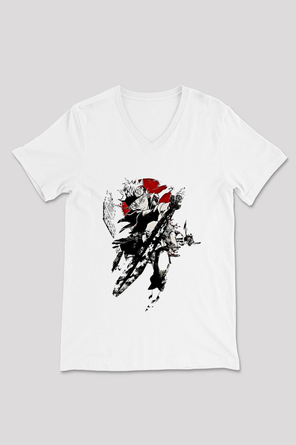 Black Clover Baskılı Beyaz Unisex V Yaka Tişört - Tshirt