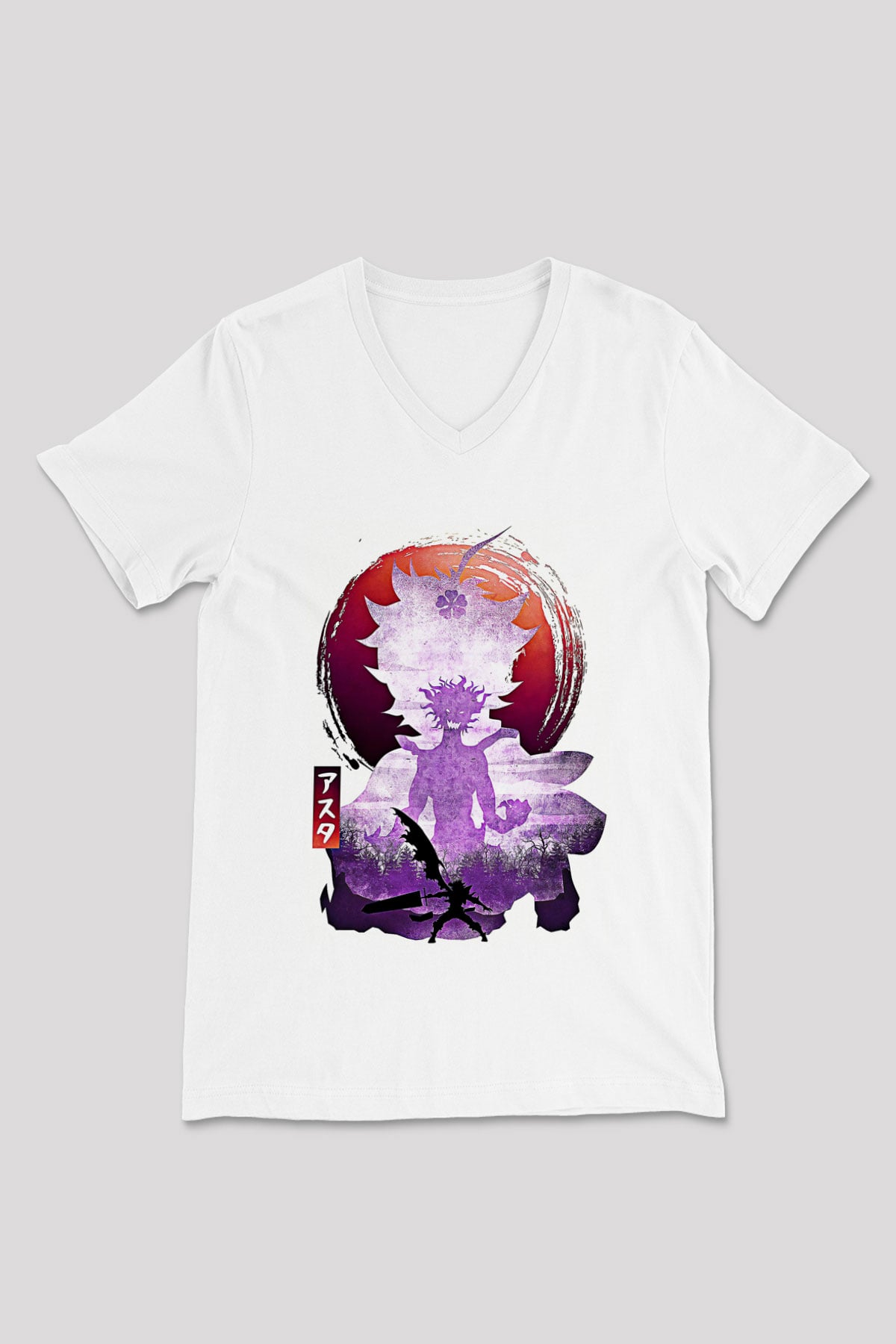 Black Clover Baskılı Beyaz Unisex V Yaka Tişört - Tshirt