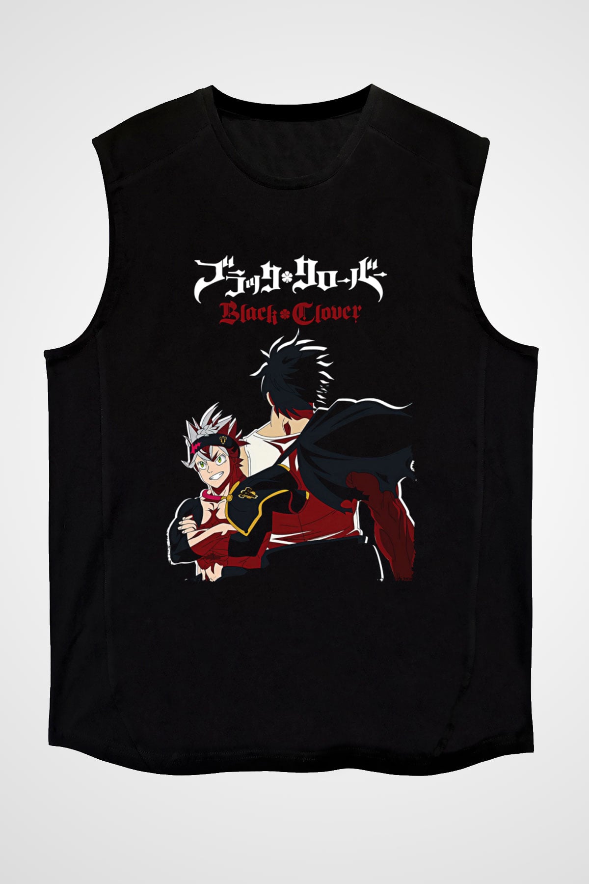 Black Clover Baskılı Unisex Siyah Kolsuz Tişört - Tshirt