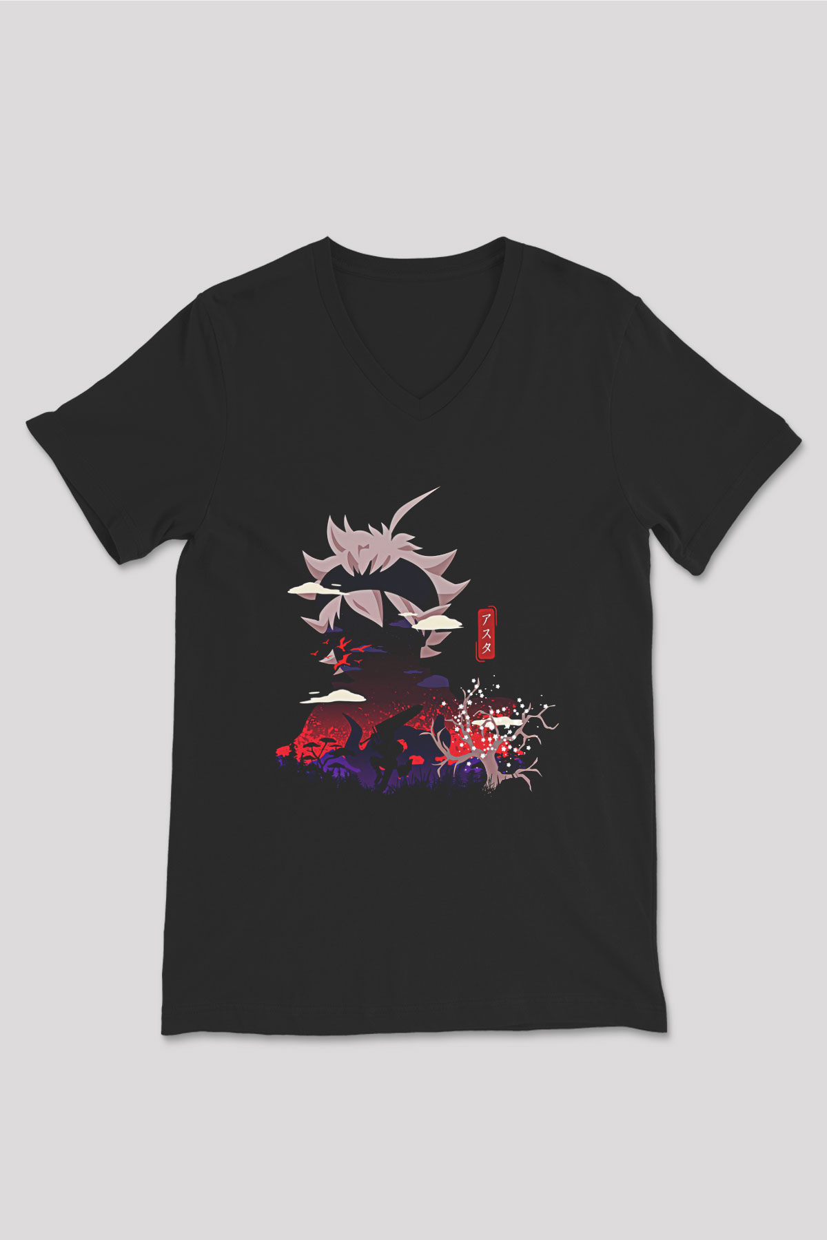 Black Clover Baskılı Unisex Siyah V Yaka Tişört - Tshirt