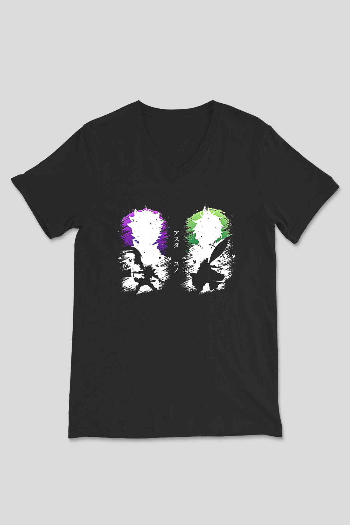Black Clover Baskılı Unisex Siyah V Yaka Tişört - Tshirt