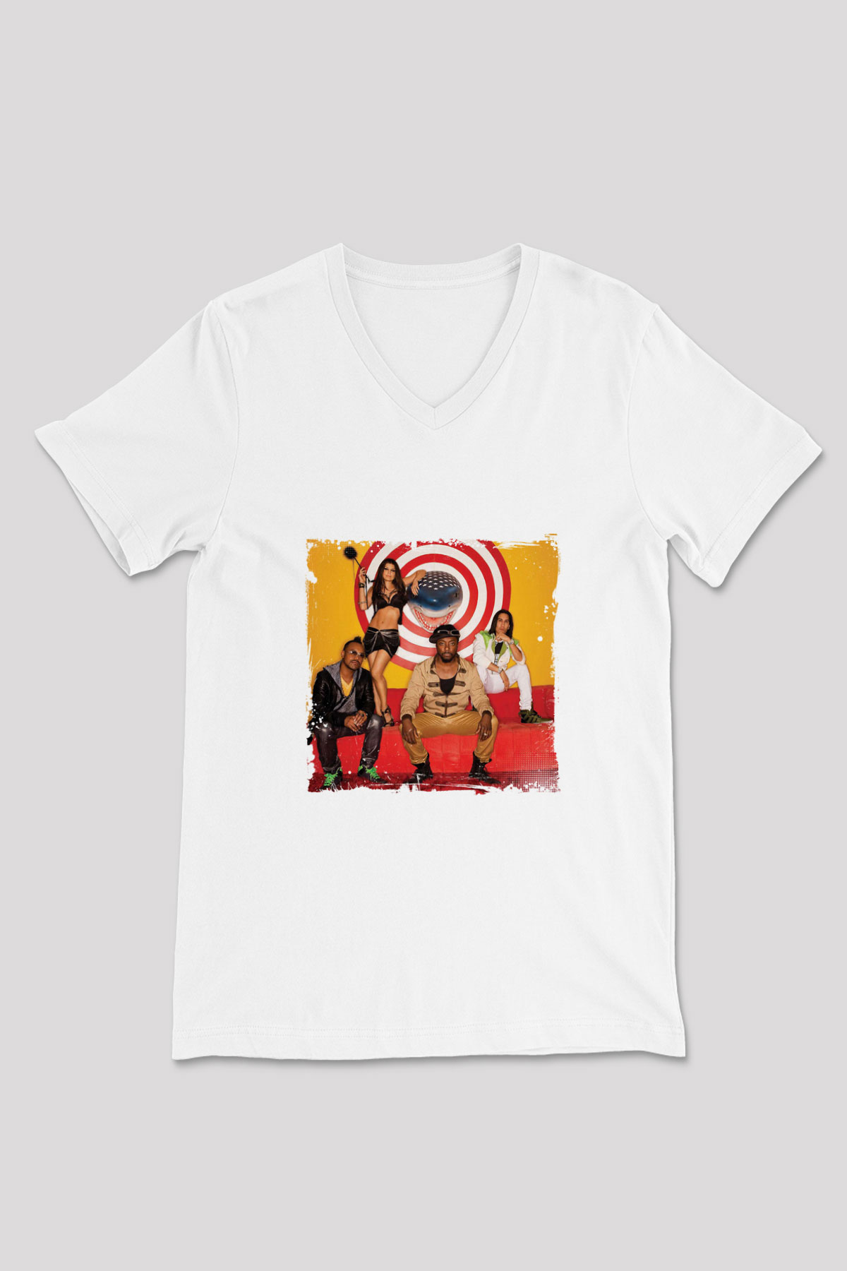 Black Eyed Peas Baskılı Beyaz V Yaka Unisex Tişört