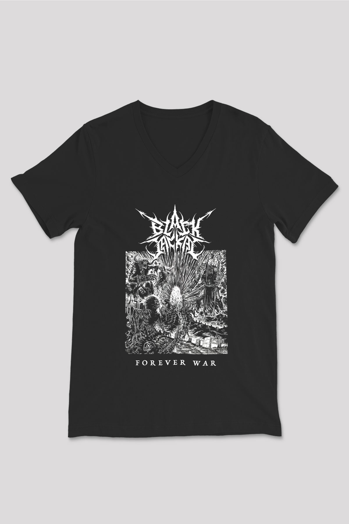Black Jackal Baskılı Unisex Siyah V Yaka Tişört - Tshirt