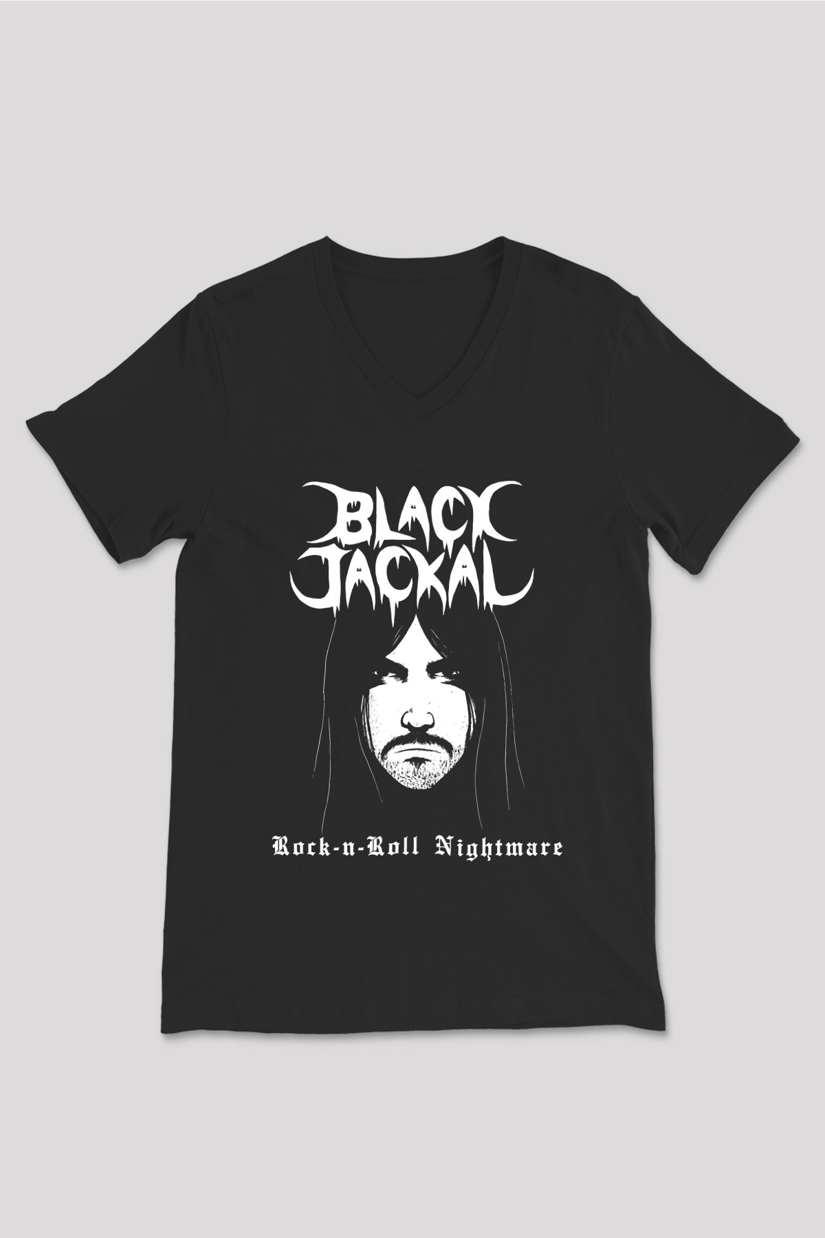 Black Jackal Baskılı Unisex Siyah V Yaka Tişört - Tshirt