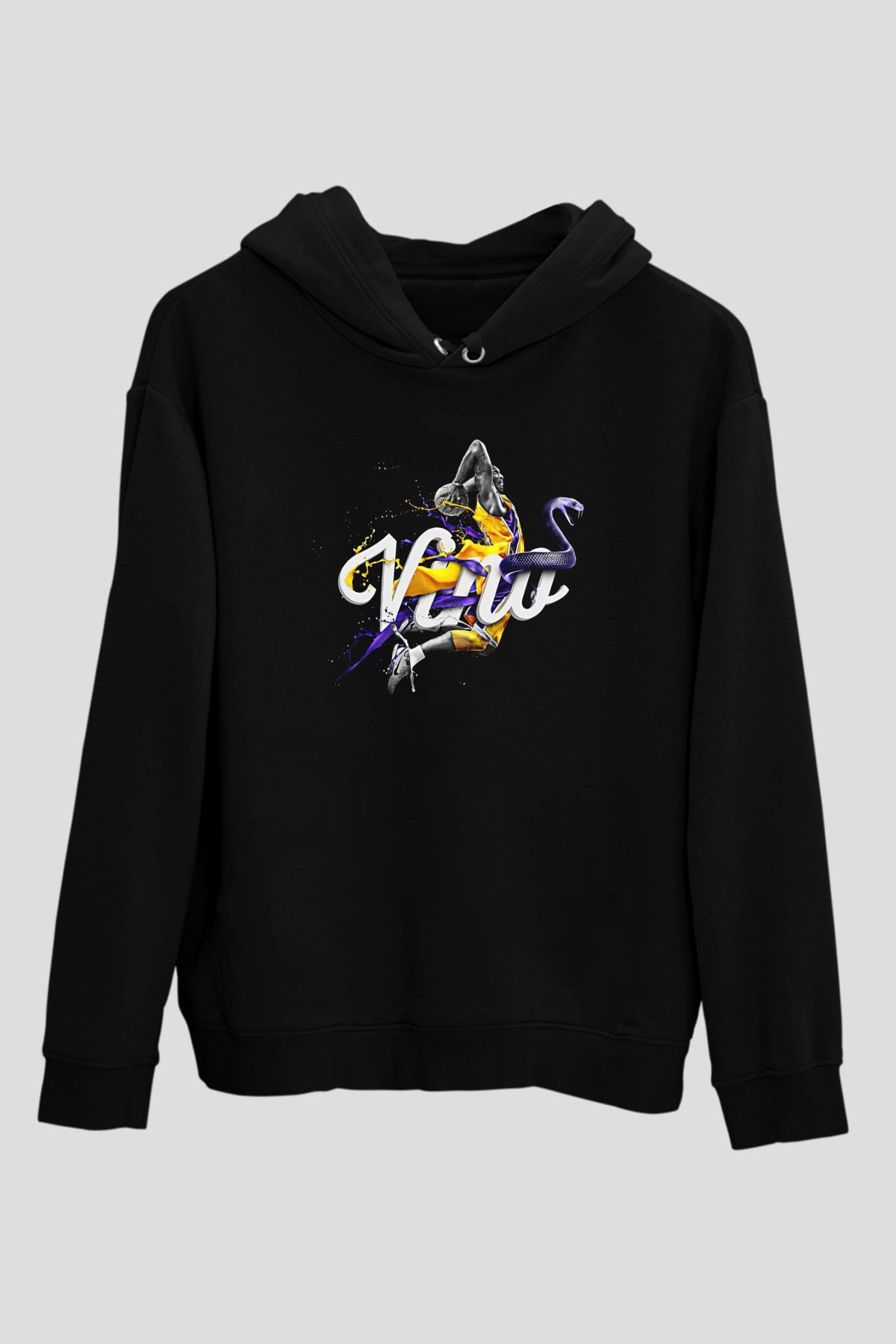 Black Mamba Baskılı Unisex Siyah Kapüşonlu Sweatshirt