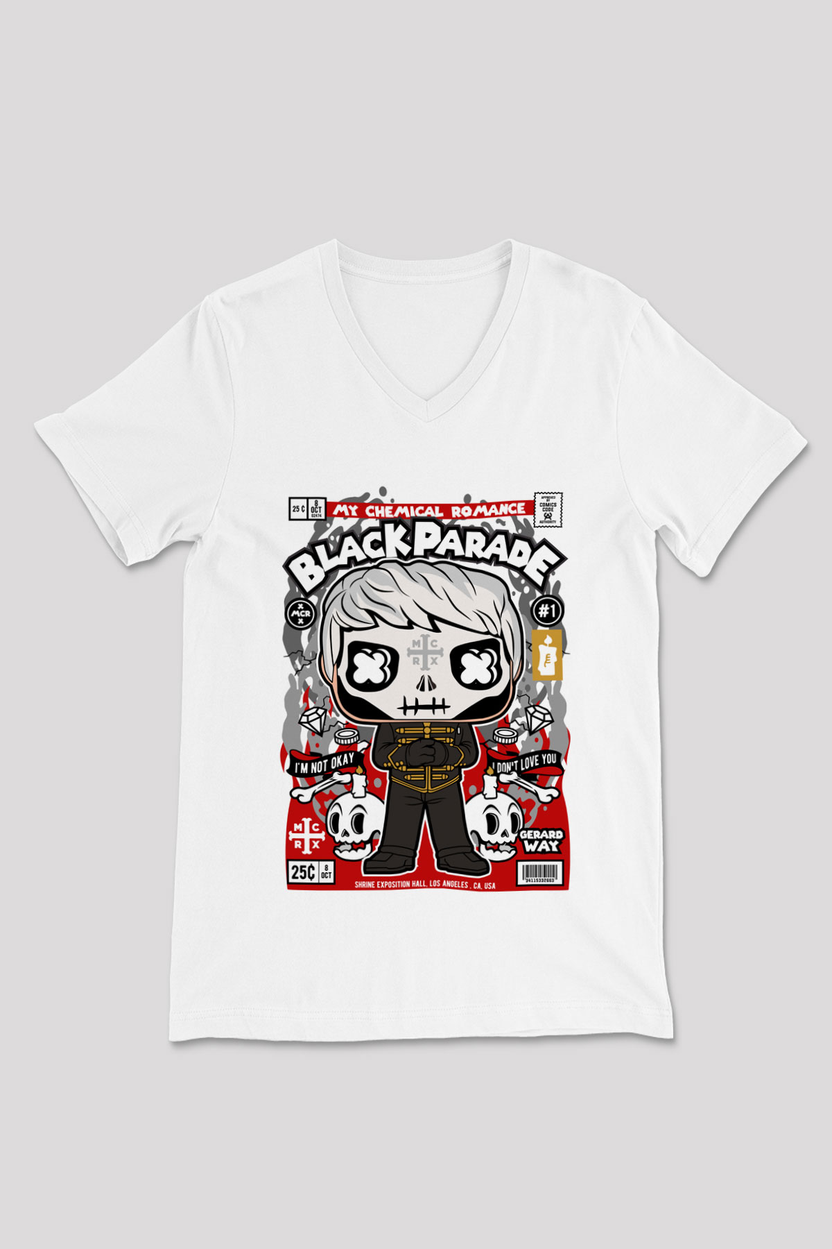 Black Parade Baskılı Unisex Beyaz V Yaka Tişört