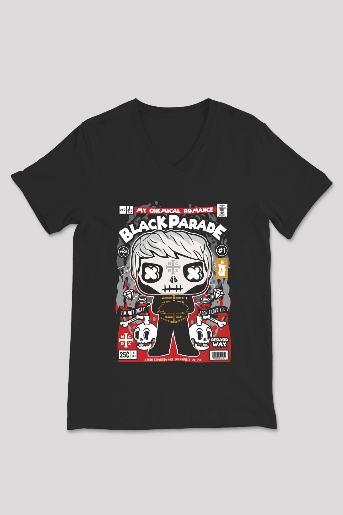 Black Parade Baskılı Unisex Siyah V Yaka Tişört
