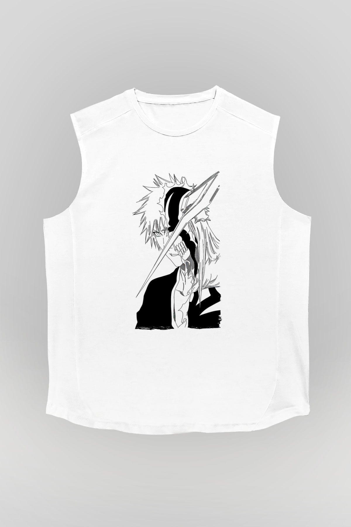 Bleach Baskılı Beyaz Unisex Kolsuz Tişört - Tshirt