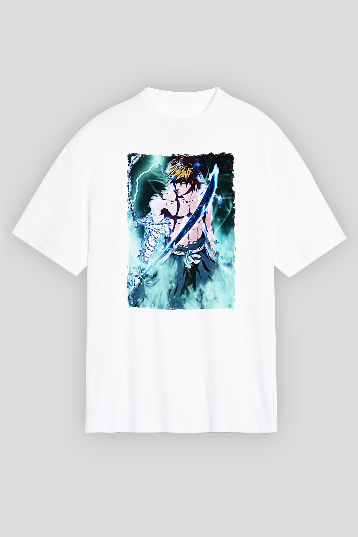 Bleach Baskılı Beyaz Unisex Oversize Tişört - Tshirt