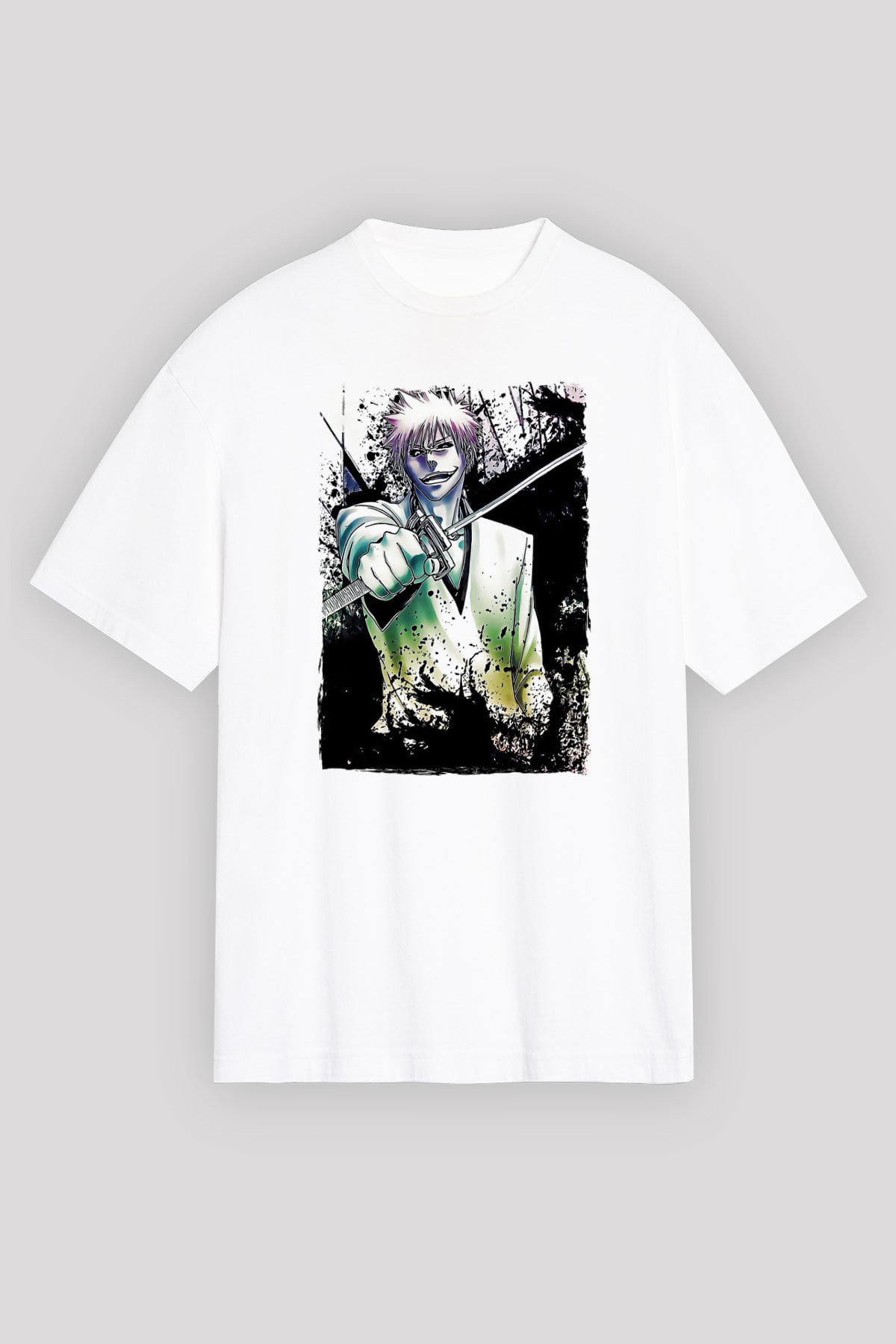 Bleach Baskılı Beyaz Unisex Oversize Tişört - Tshirt