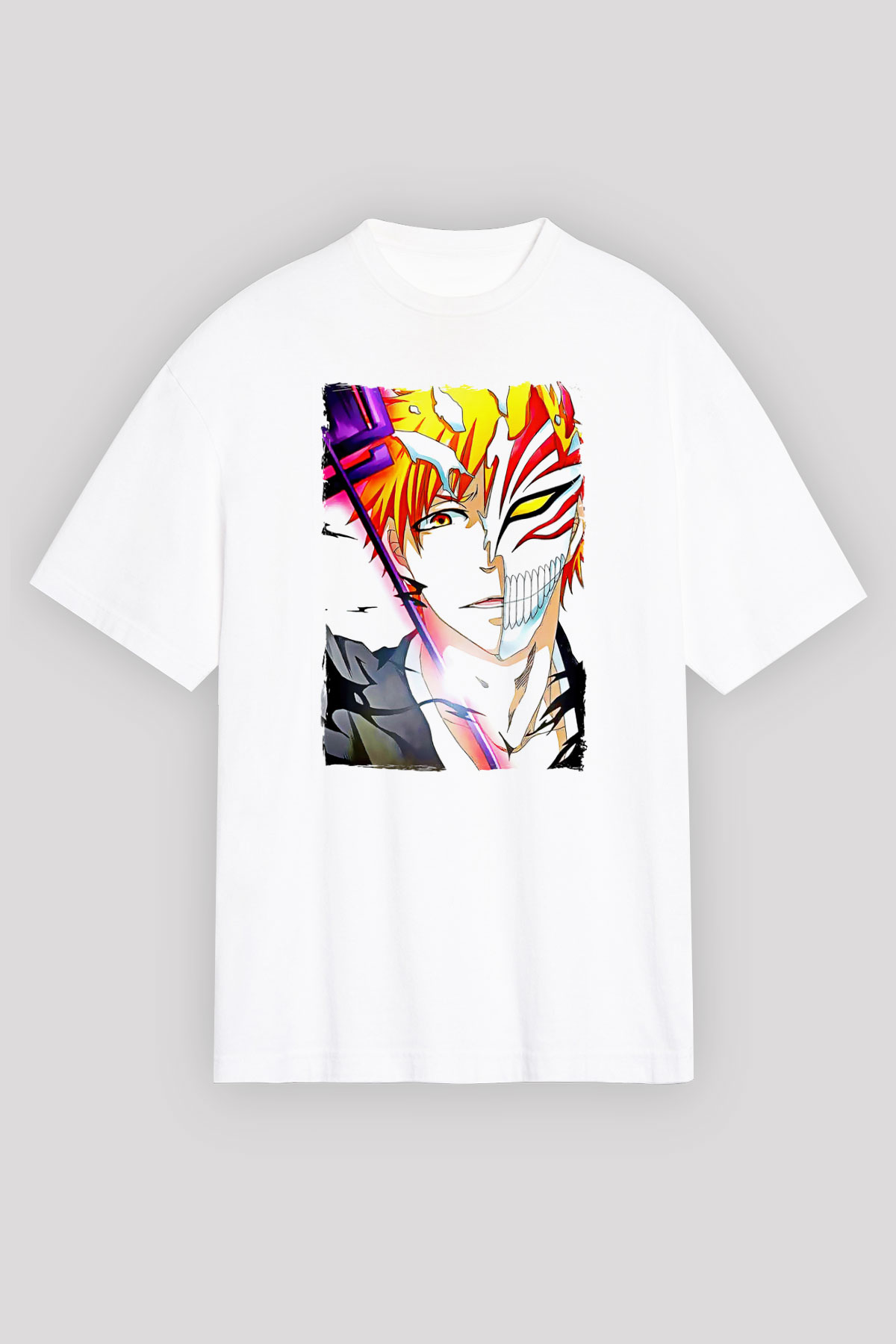 Bleach Baskılı Beyaz Unisex Oversize Tişört - Tshirt