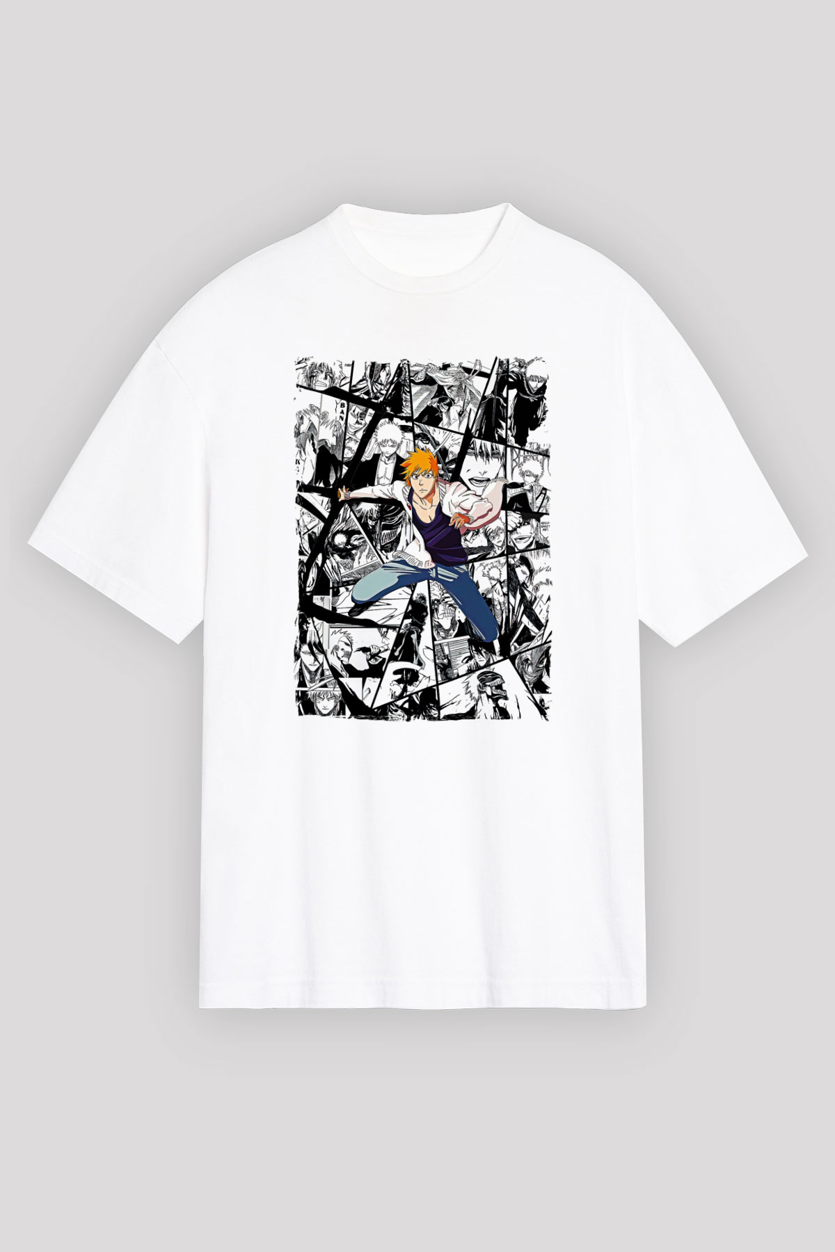 Bleach Baskılı Beyaz Unisex Oversize Tişört - Tshirt
