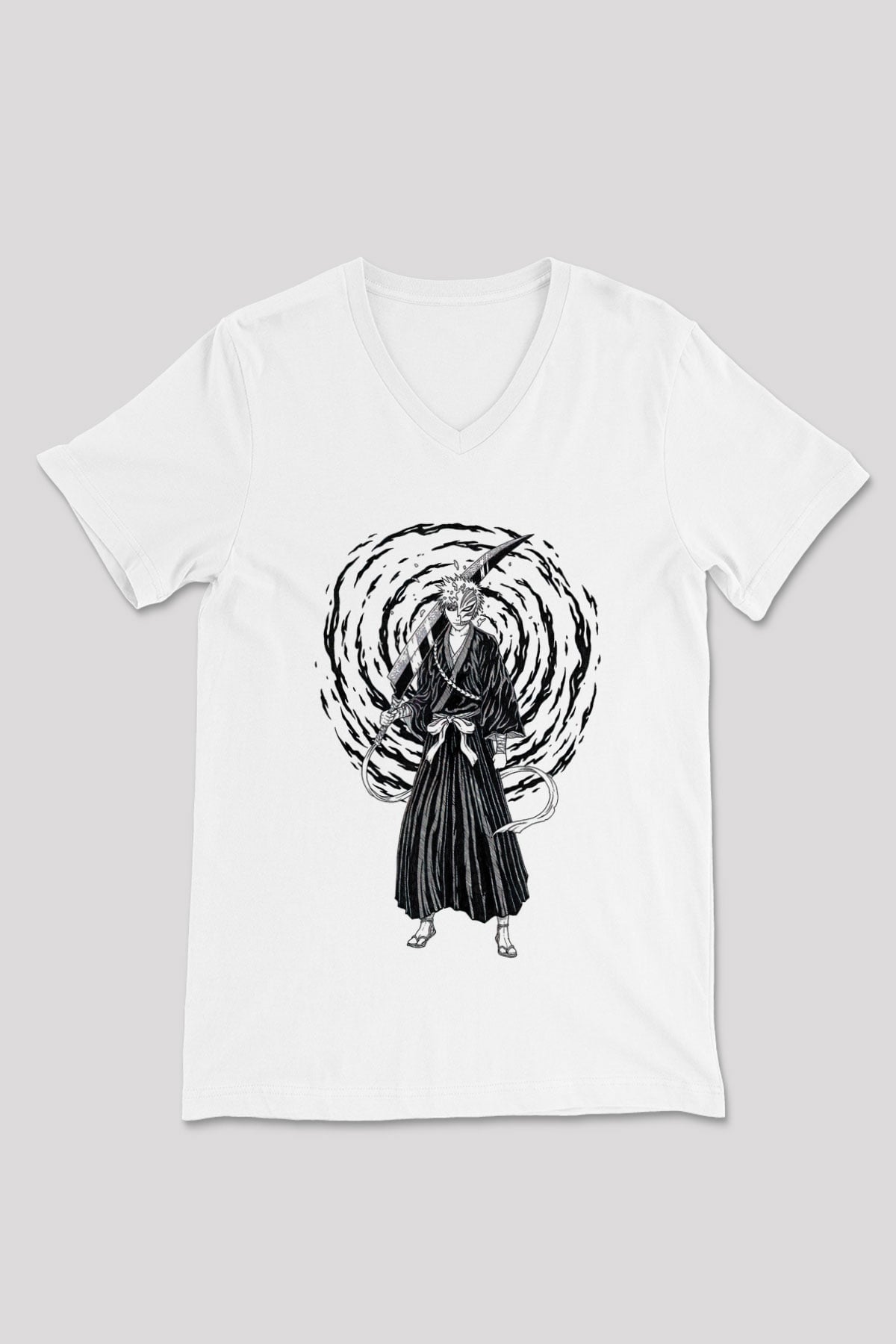 Bleach Baskılı Beyaz Unisex V Yaka Tişört - Tshirt