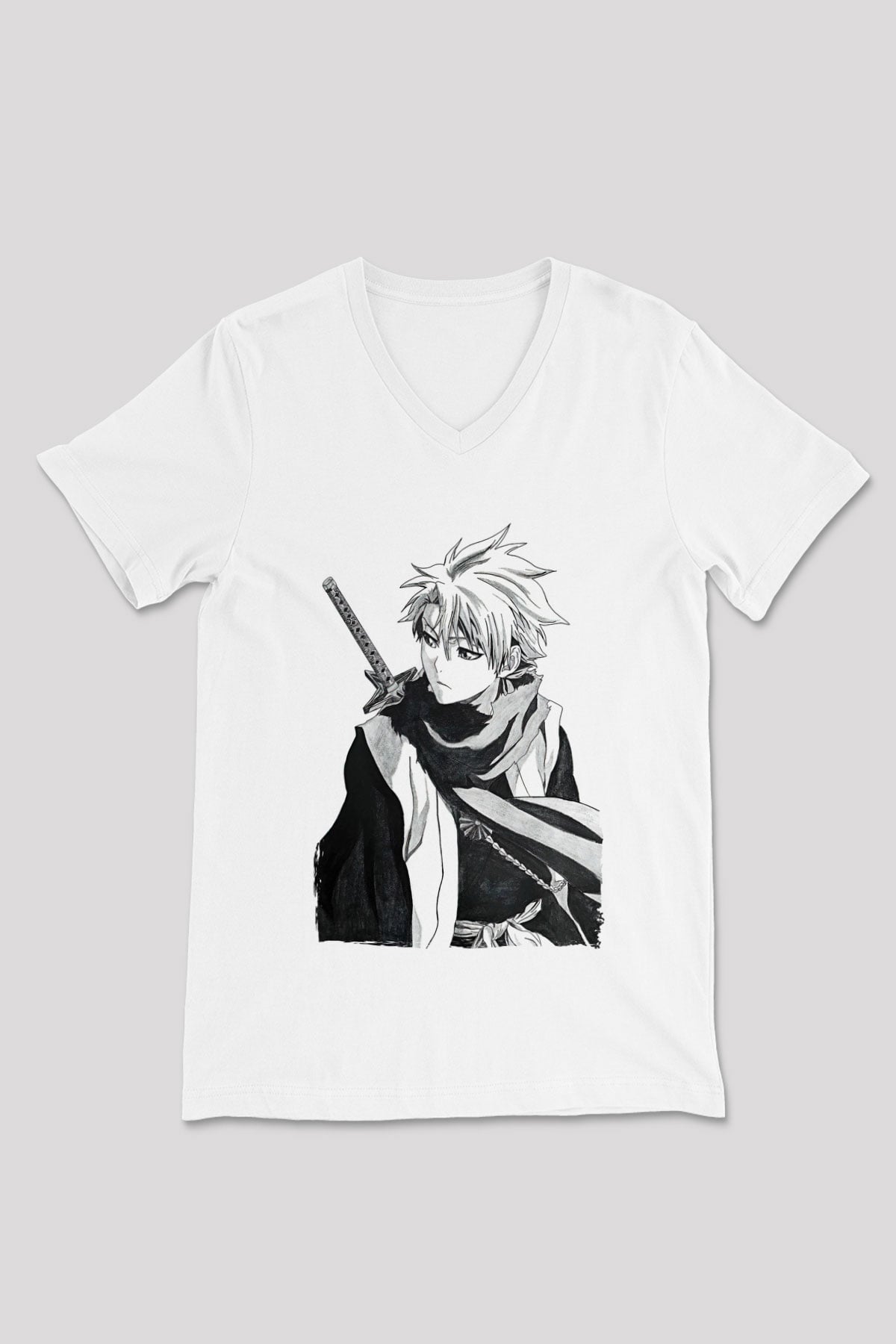 Bleach Baskılı Beyaz Unisex V Yaka Tişört - Tshirt