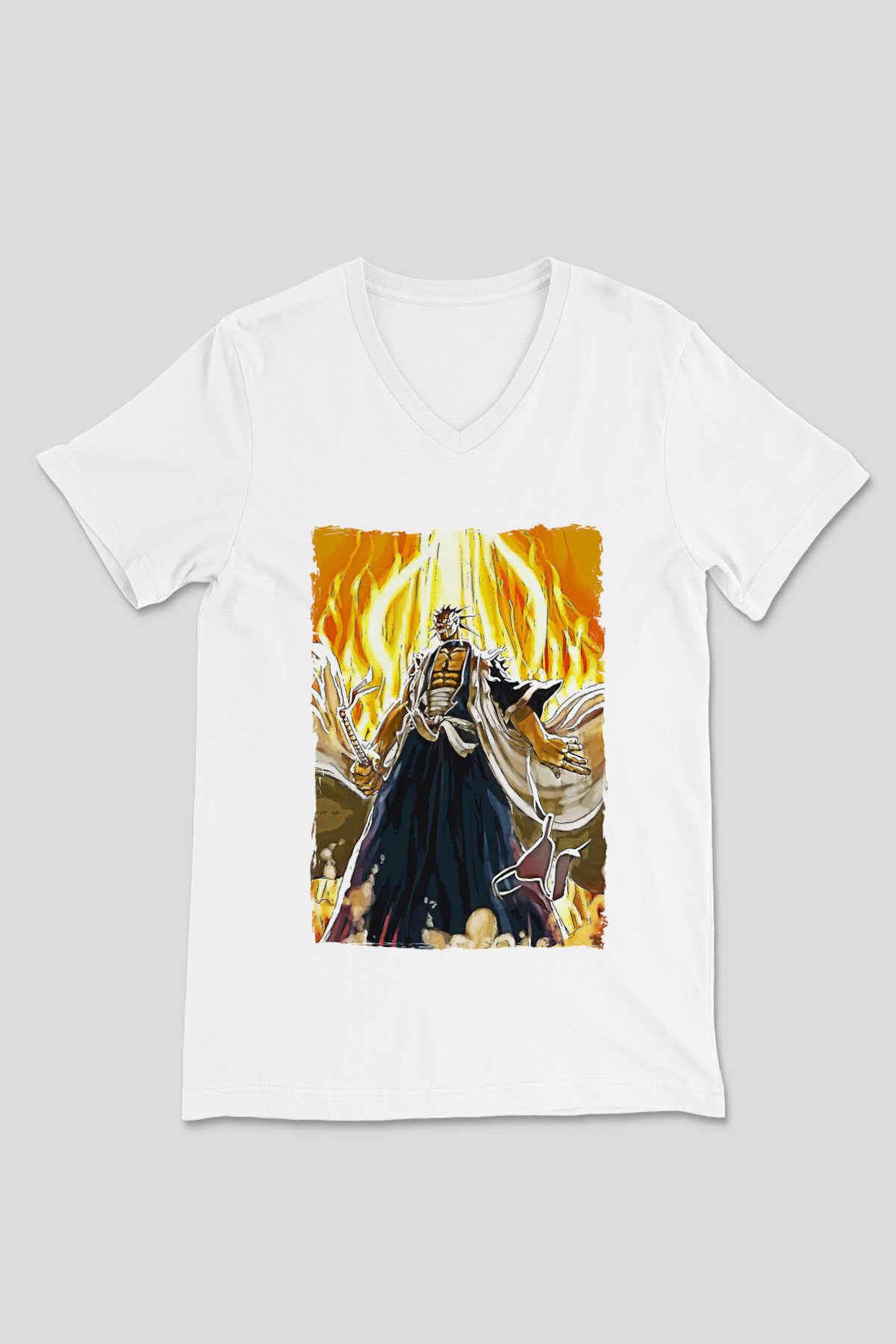 Bleach Baskılı Beyaz Unisex V Yaka Tişört - Tshirt