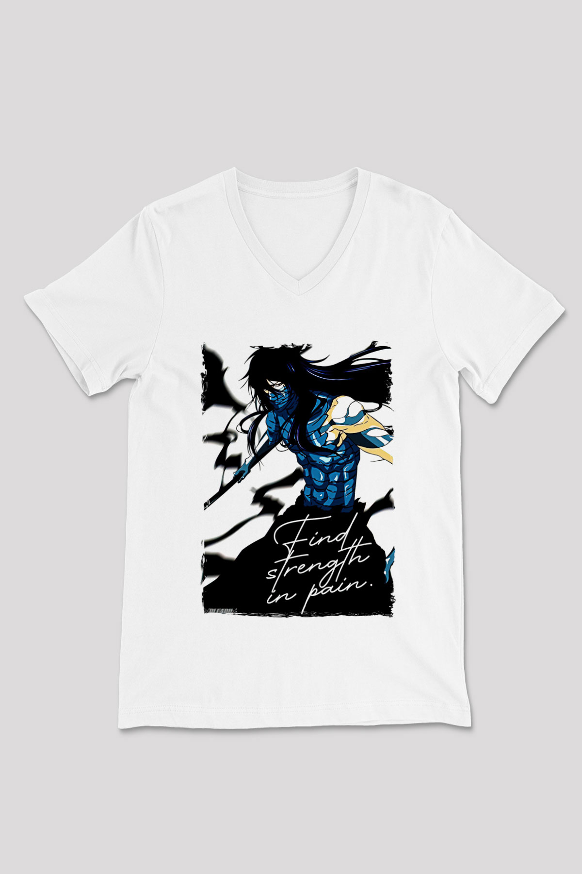 Bleach Baskılı Beyaz Unisex V Yaka Tişört - Tshirt
