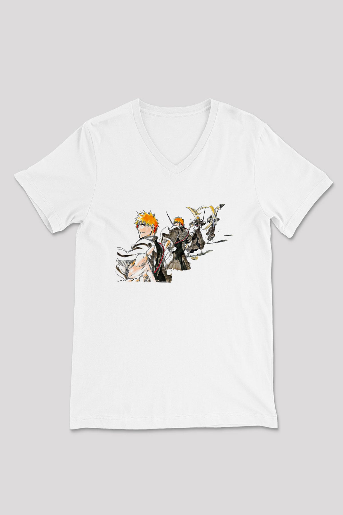 Bleach Baskılı Beyaz Unisex V Yaka Tişört - Tshirt