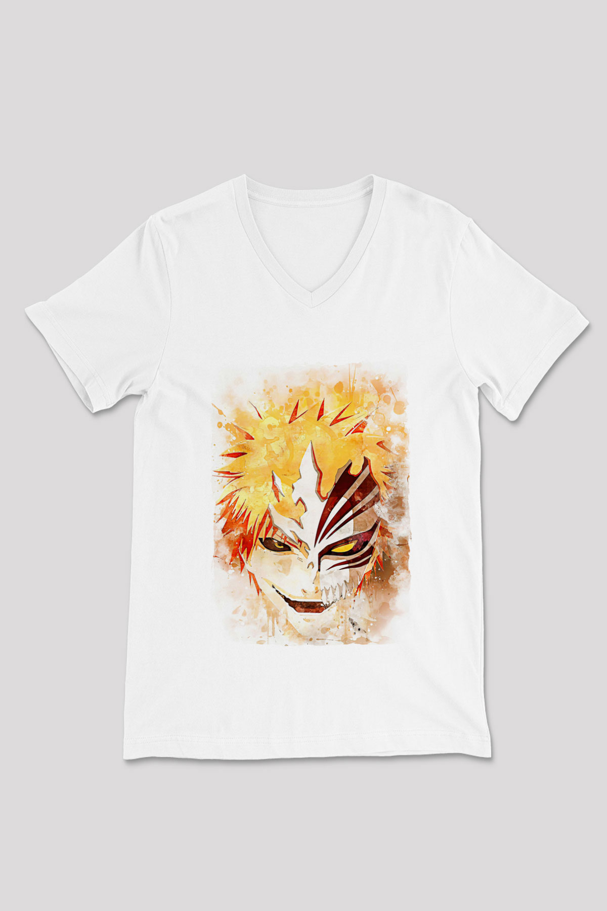Bleach Baskılı Beyaz Unisex V Yaka Tişört - Tshirt