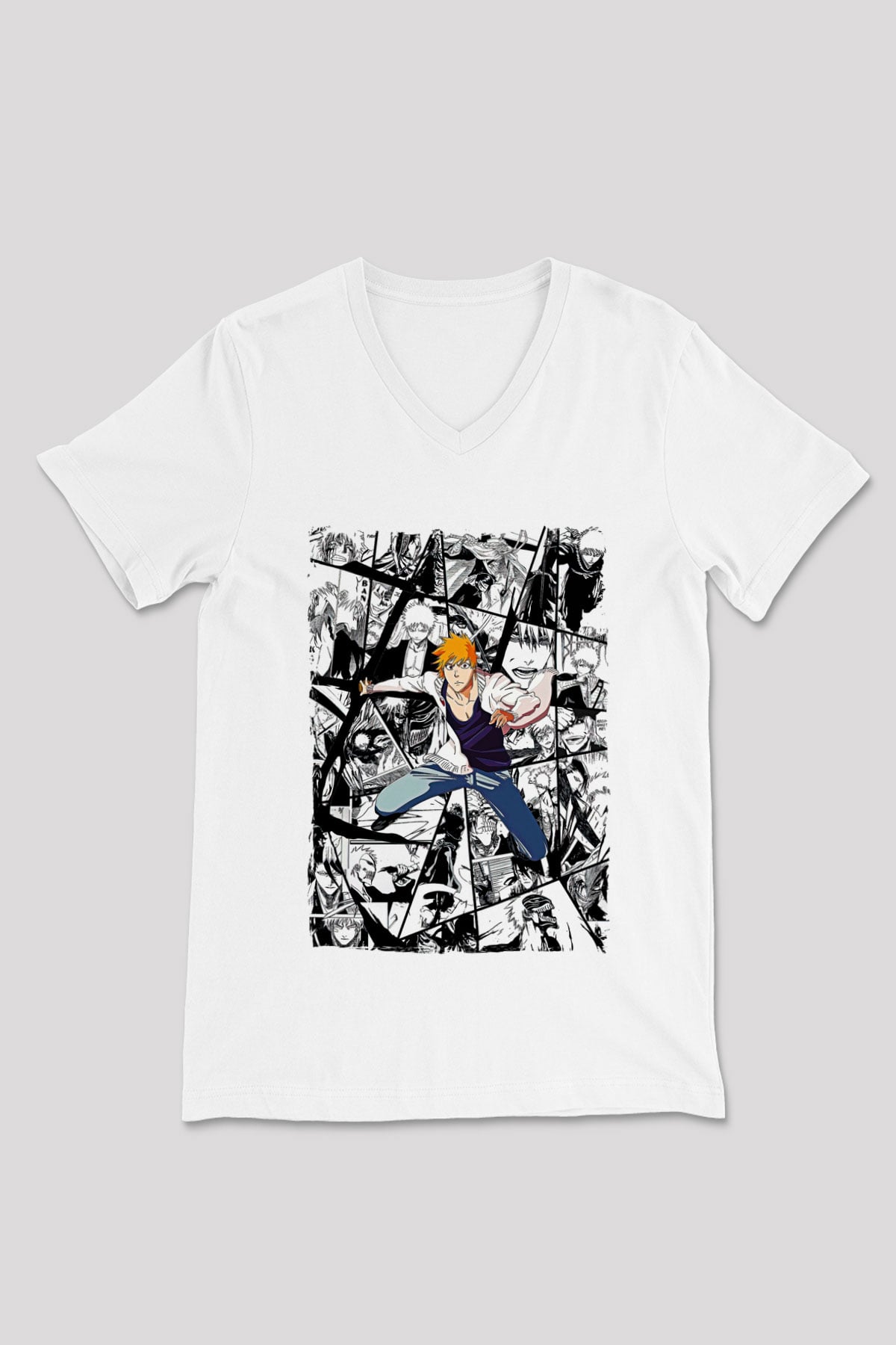 Bleach Baskılı Beyaz Unisex V Yaka Tişört - Tshirt