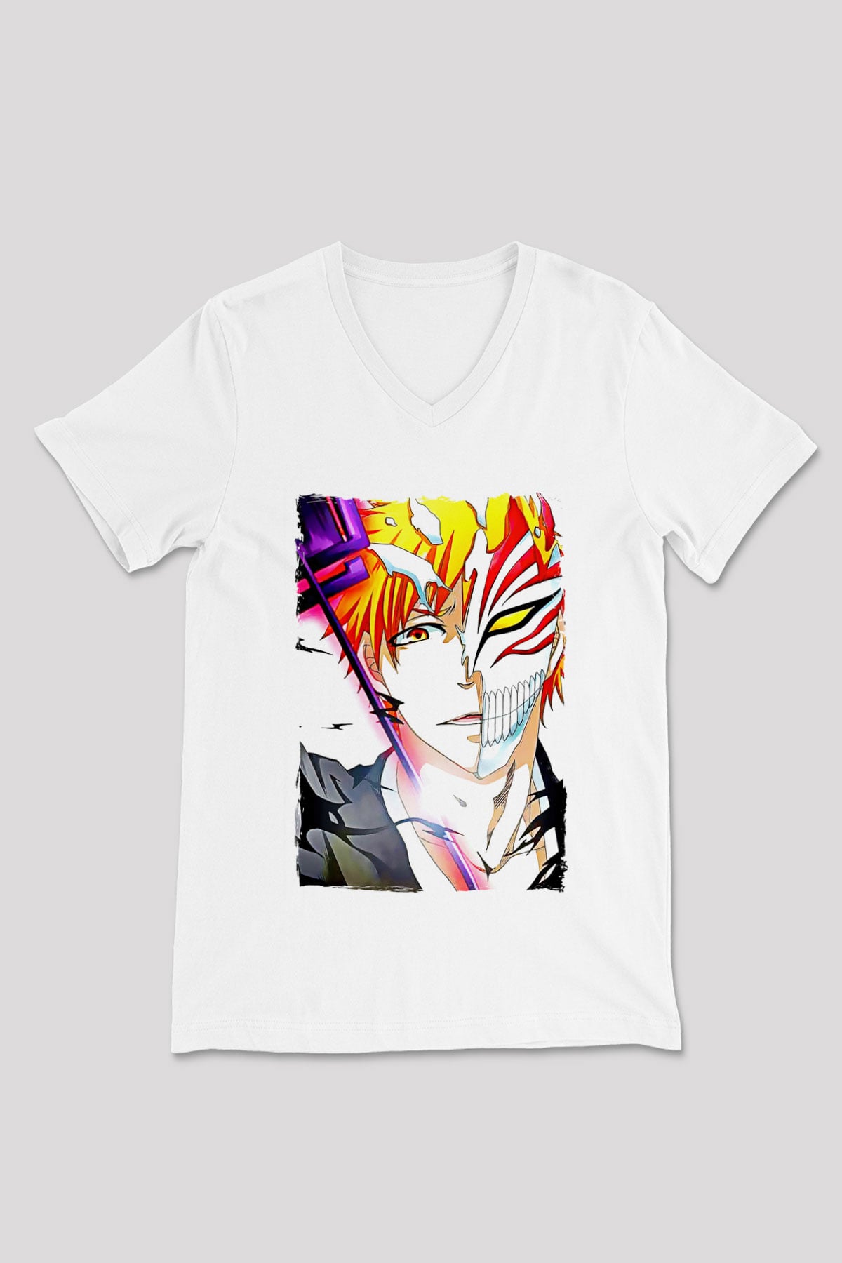 Bleach Baskılı Beyaz Unisex V Yaka Tişört - Tshirt