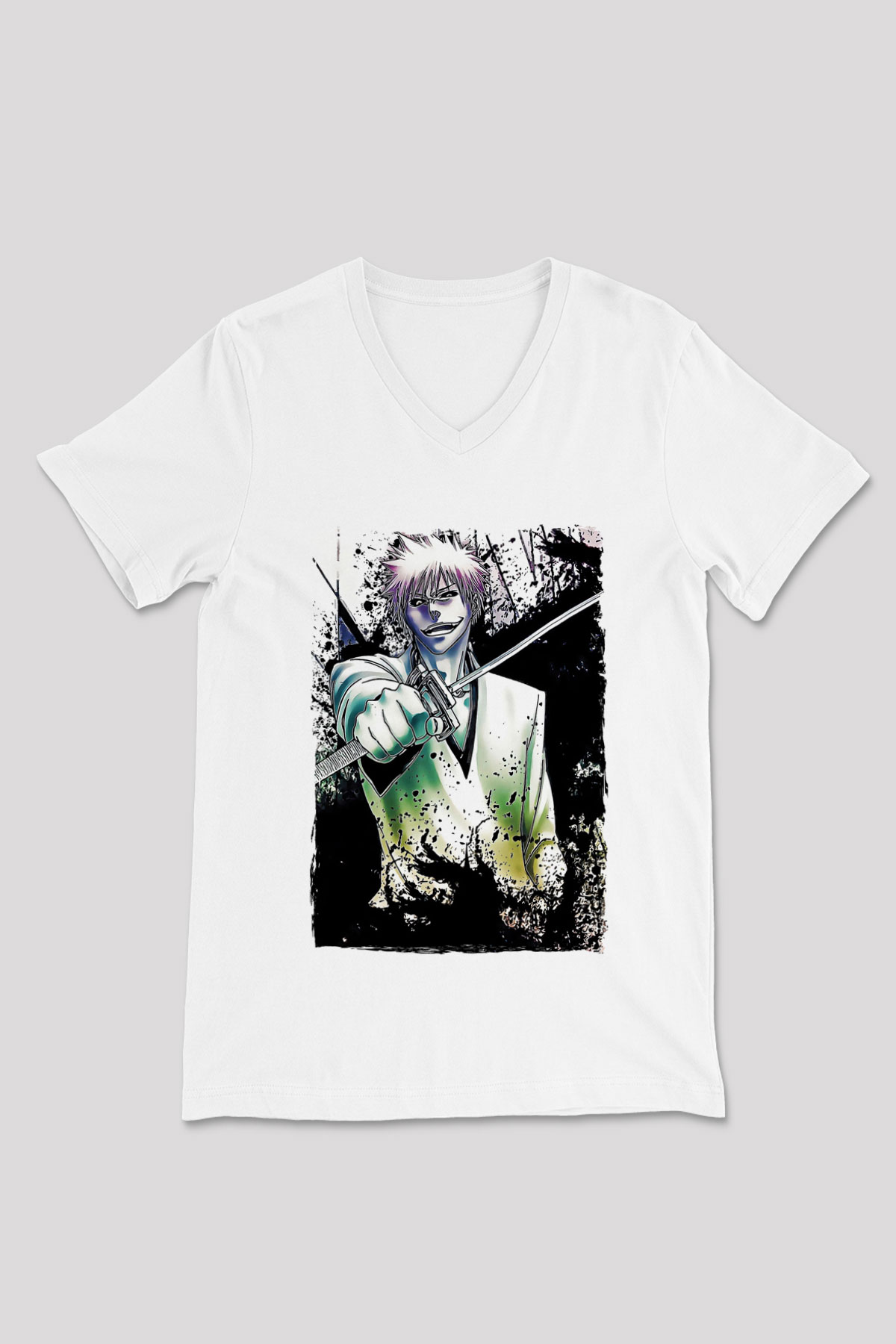 Bleach Baskılı Beyaz Unisex V Yaka Tişört - Tshirt