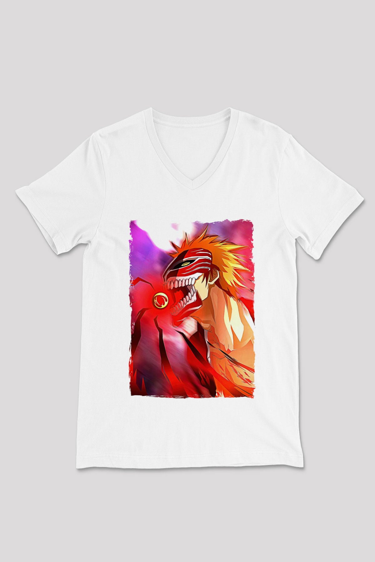 Bleach Baskılı Beyaz Unisex V Yaka Tişört - Tshirt