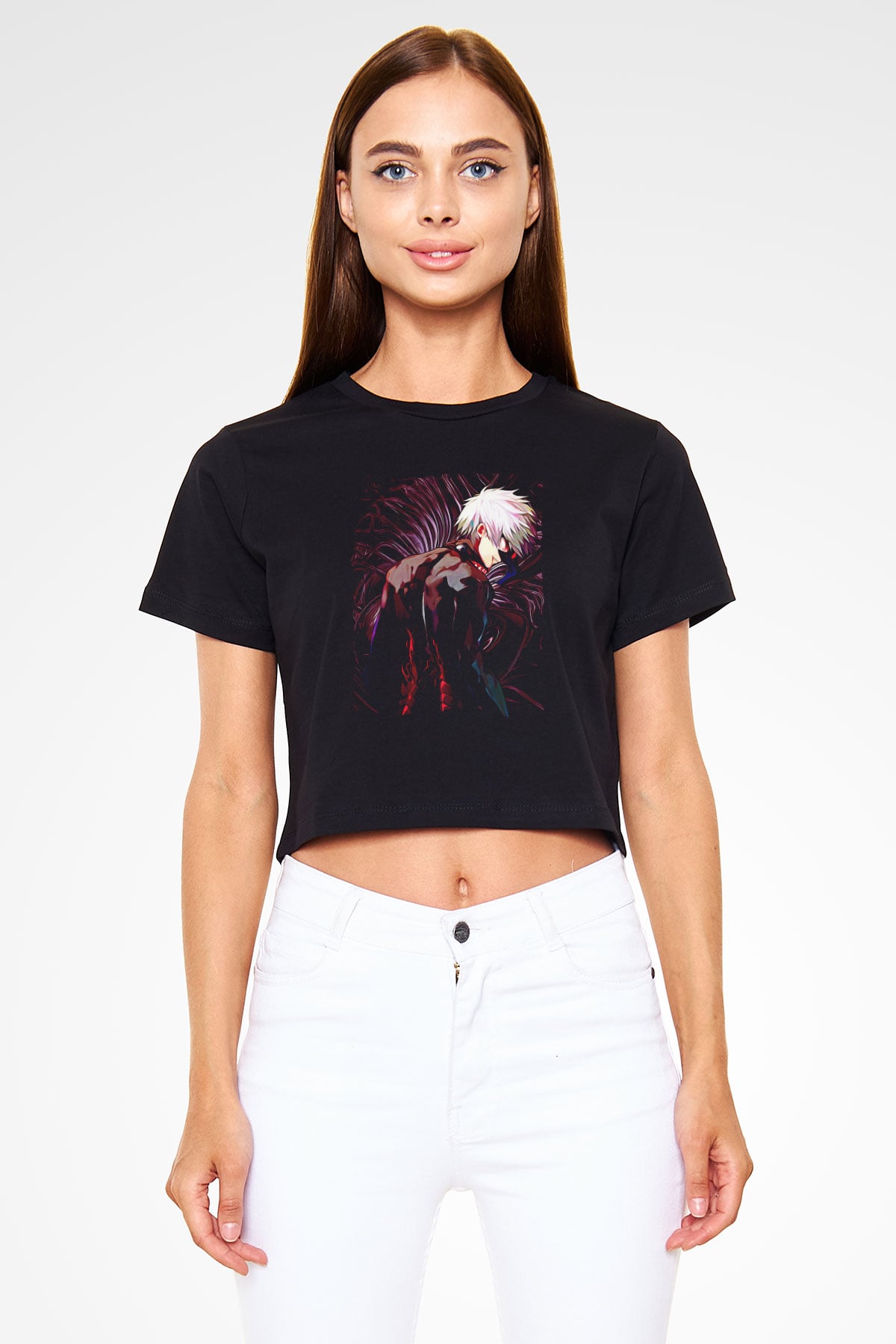 Bleach Baskılı Siyah Crop Top Kadın Tişört - Tshirt