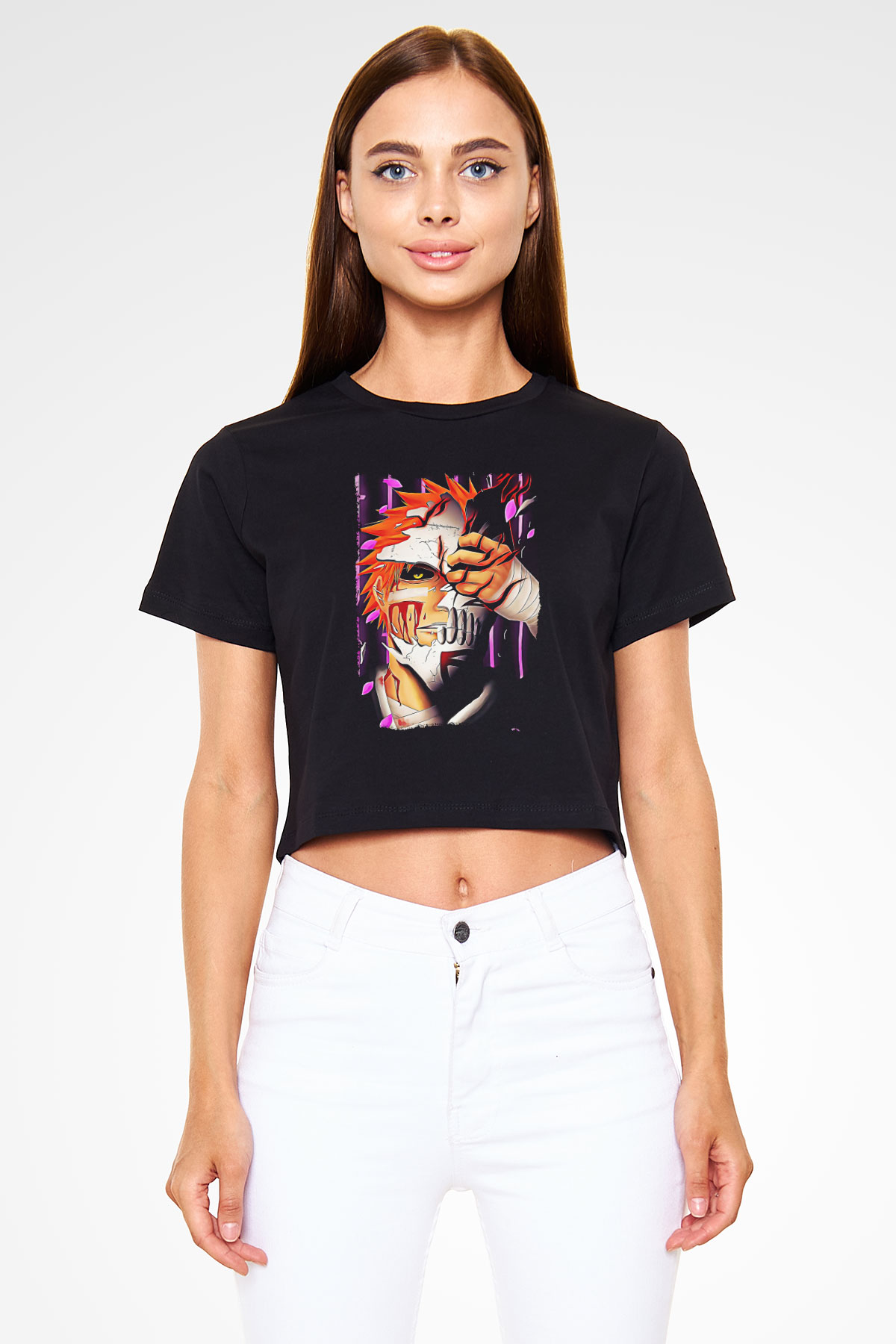 Bleach Baskılı Siyah Crop Top Kadın Tişört - Tshirt