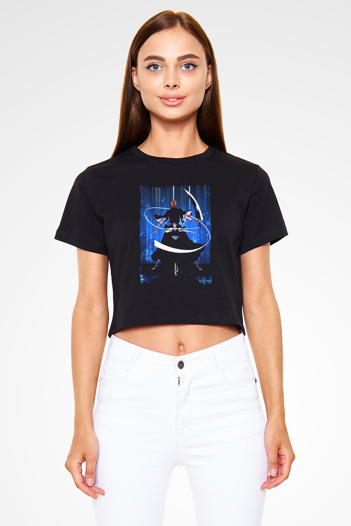 Bleach Baskılı Siyah Crop Top Kadın Tişört - Tshirt