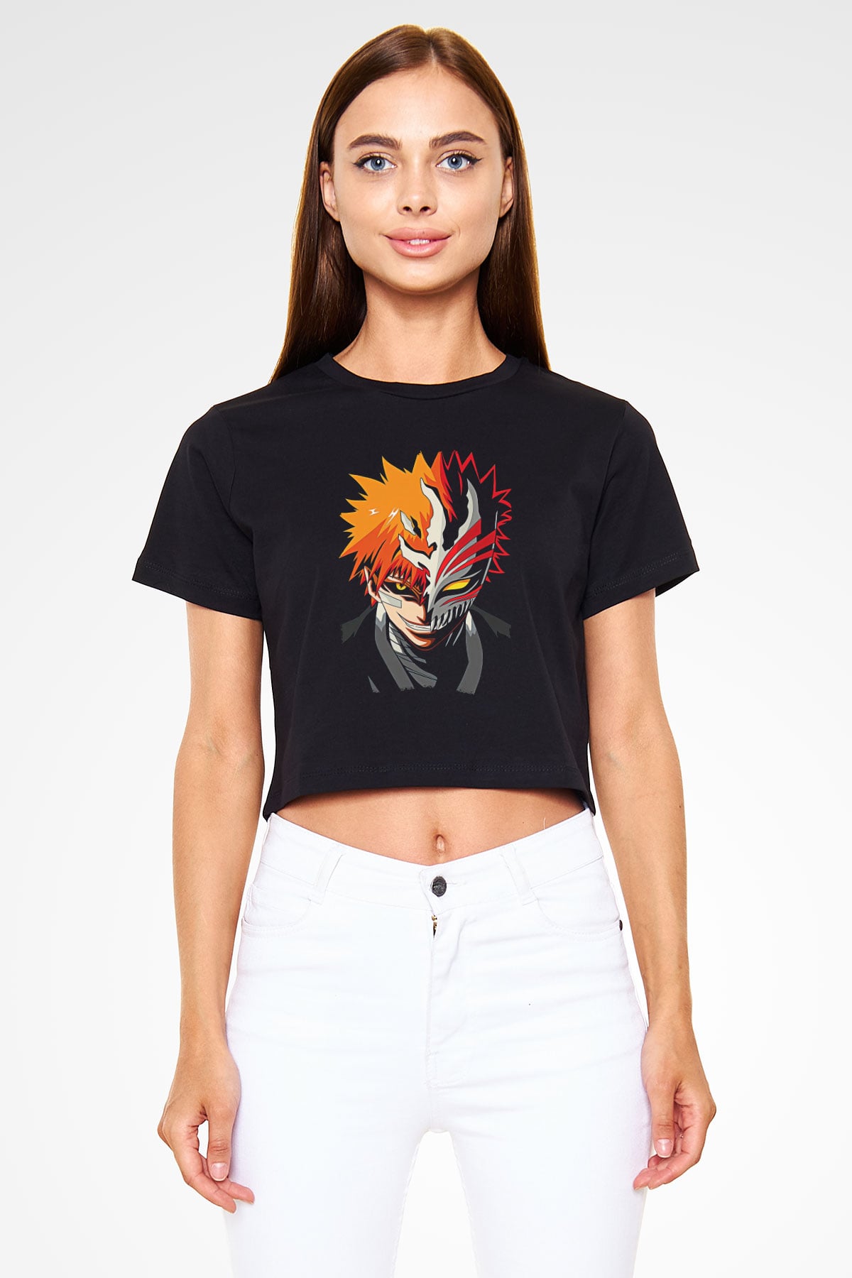 Bleach Baskılı Siyah Crop Top Kadın Tişört - Tshirt
