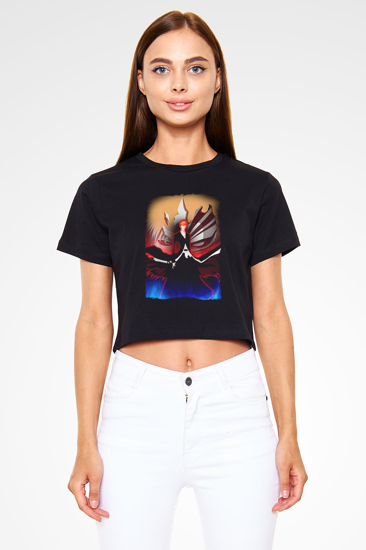 Bleach Baskılı Siyah Crop Top Kadın Tişört - Tshirt