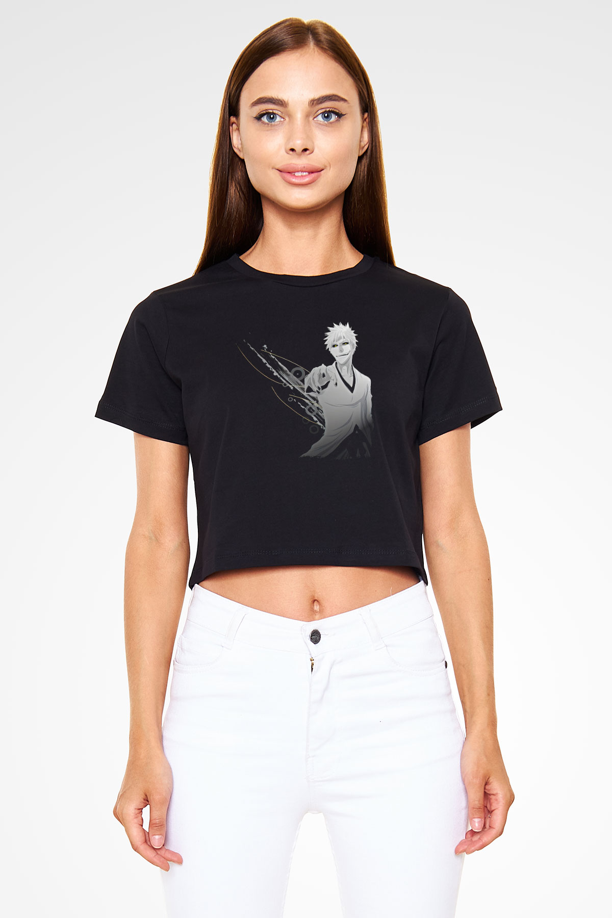 Bleach Baskılı Siyah Crop Top Kadın Tişört - Tshirt