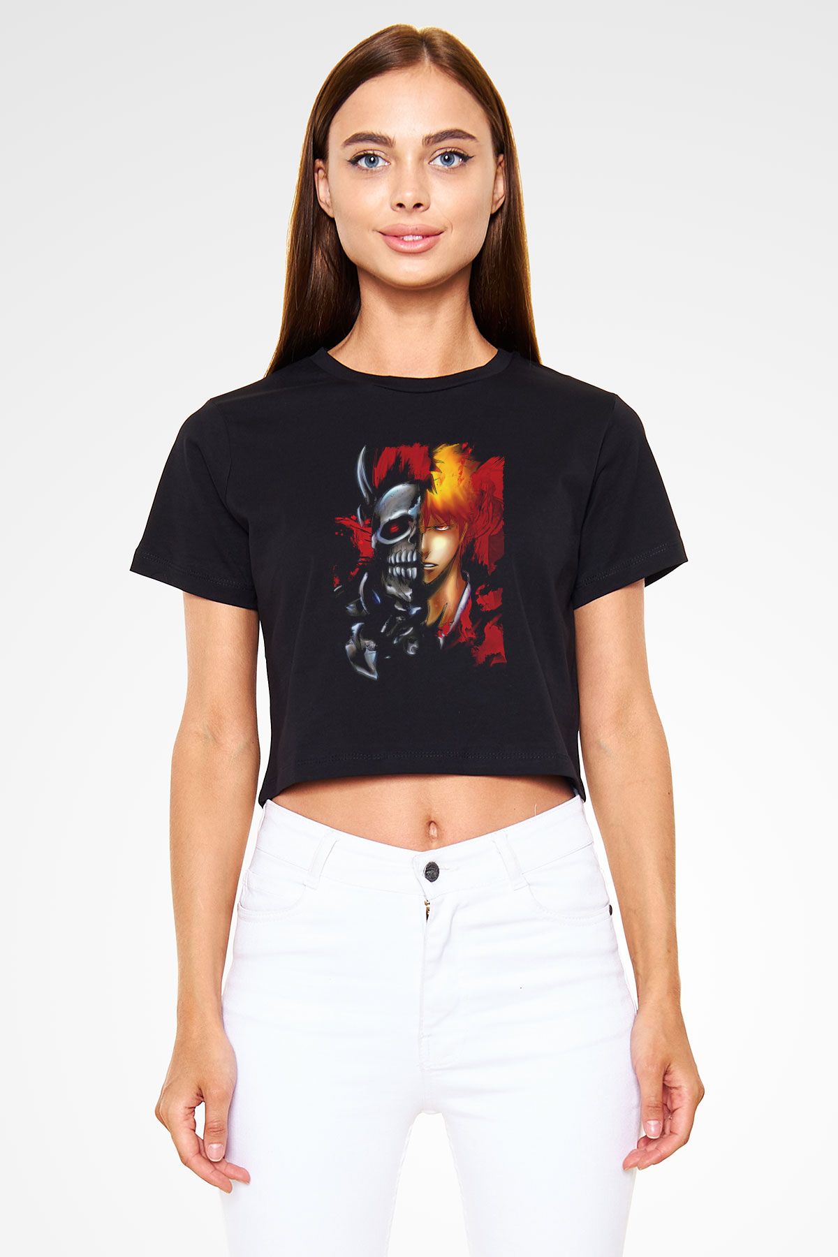 Bleach Baskılı Siyah Crop Top Kadın Tişört - Tshirt