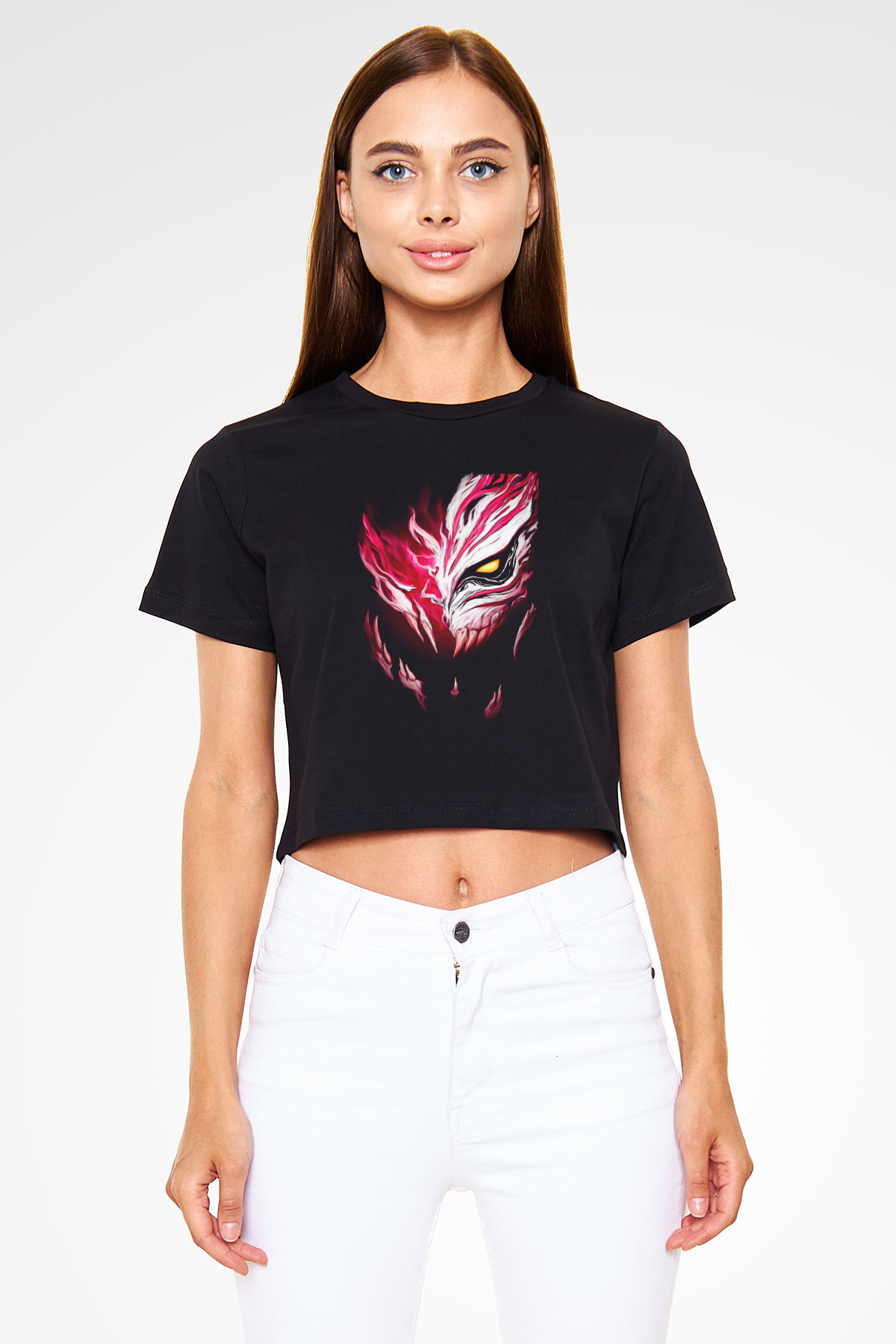 Bleach Baskılı Siyah Crop Top Kadın Tişört - Tshirt
