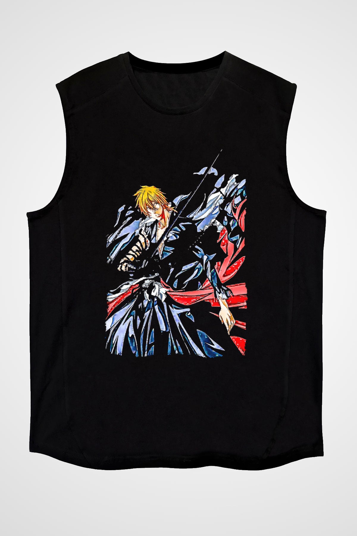 Bleach Baskılı Unisex Siyah Kolsuz Tişört - Tshirt