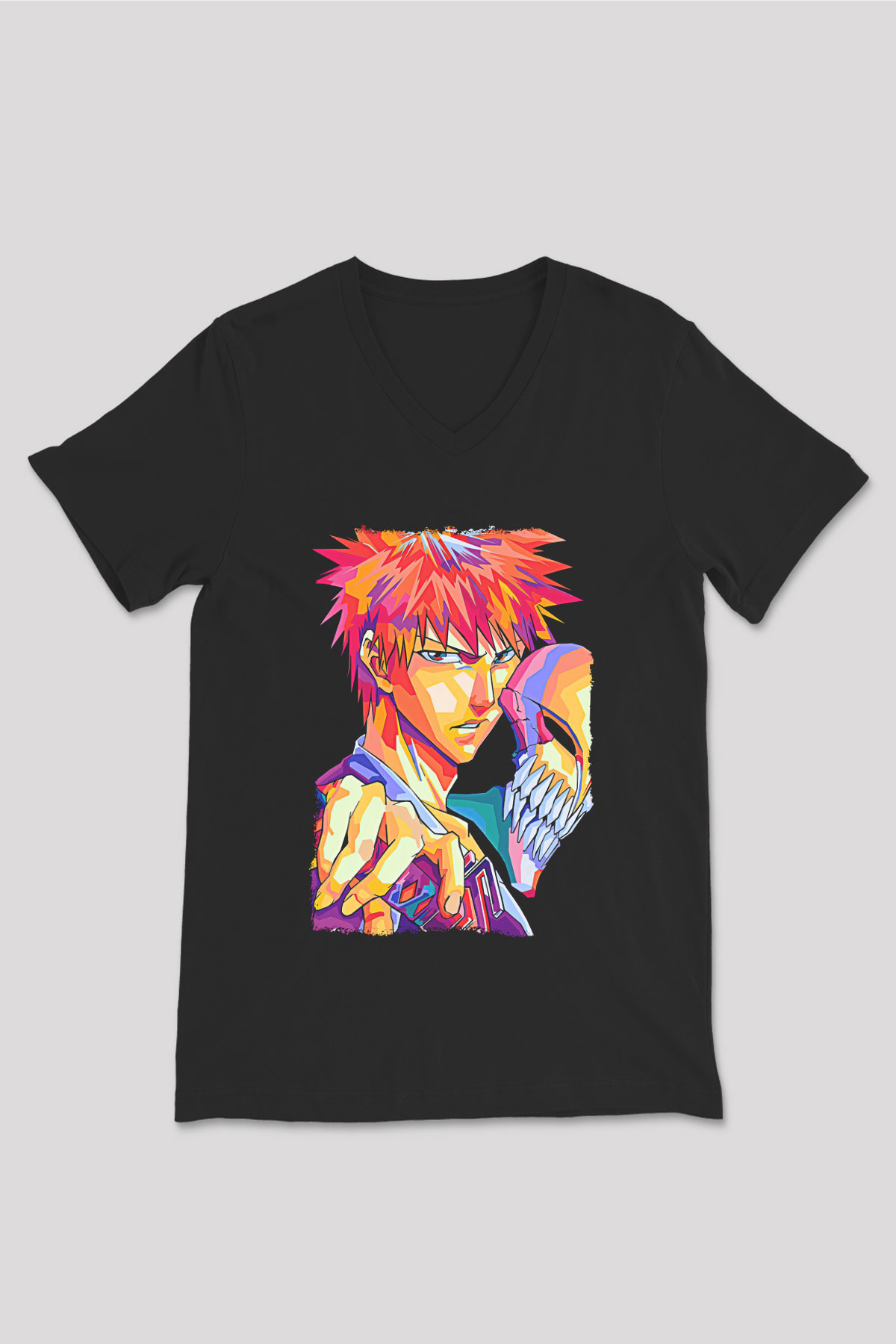 Bleach Baskılı Unisex Siyah V Yaka Tişört - Tshirt