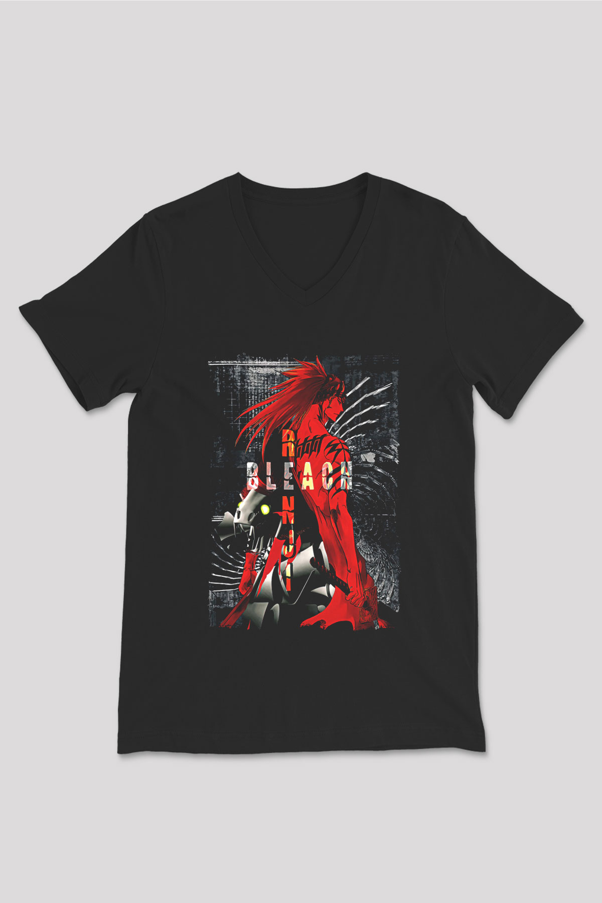 Bleach Baskılı Unisex Siyah V Yaka Tişört - Tshirt