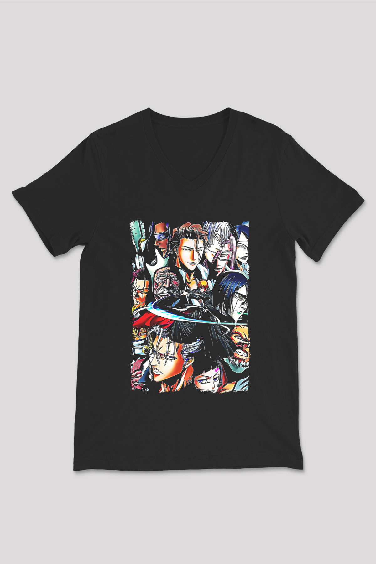Bleach Baskılı Unisex Siyah V Yaka Tişört - Tshirt
