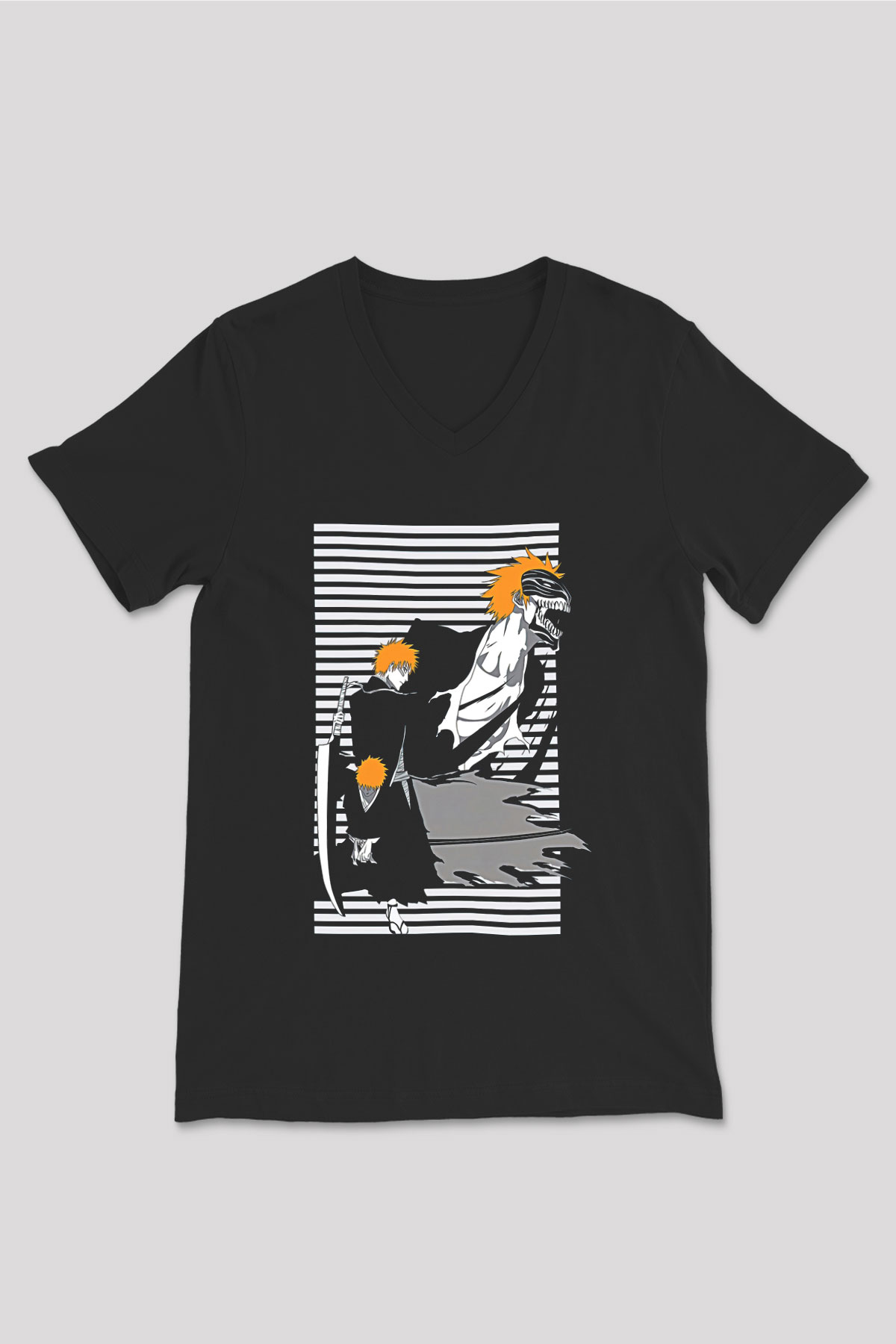 Bleach Baskılı Unisex Siyah V Yaka Tişört - Tshirt