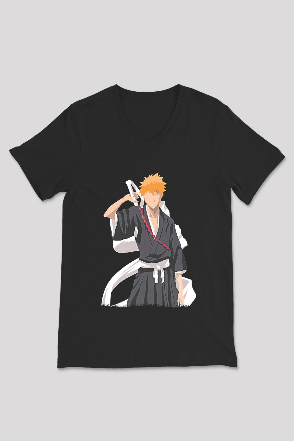 Bleach Baskılı Unisex Siyah V Yaka Tişört - Tshirt