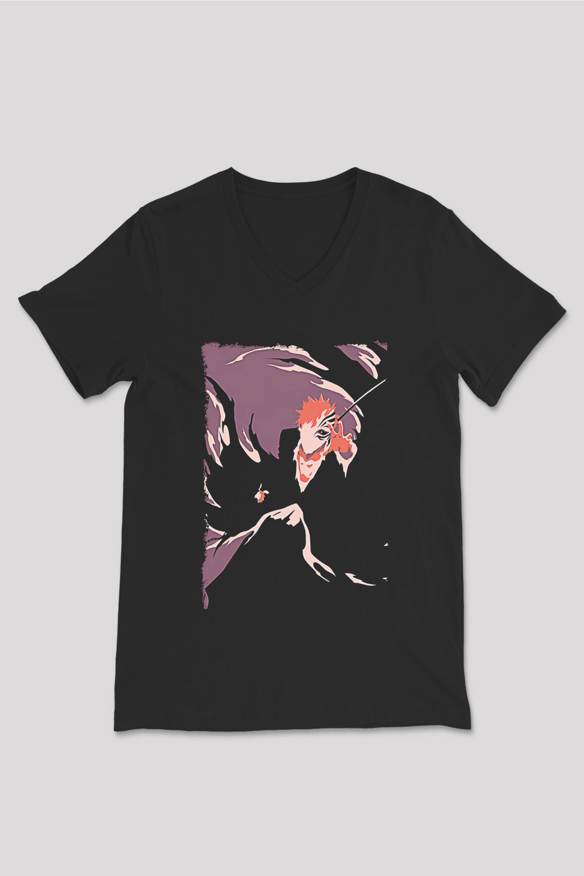 Bleach Baskılı Unisex Siyah V Yaka Tişört - Tshirt
