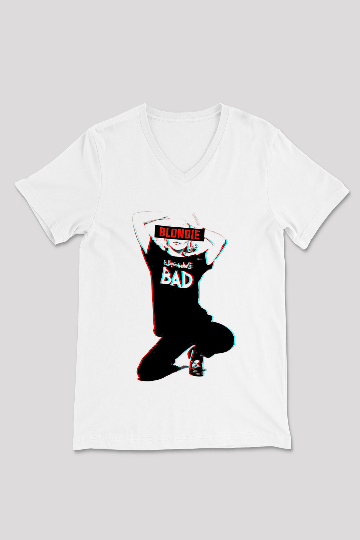 Blondie - Debbie Harry Baskılı Beyaz Unisex V Yaka Tişört - Tshirt