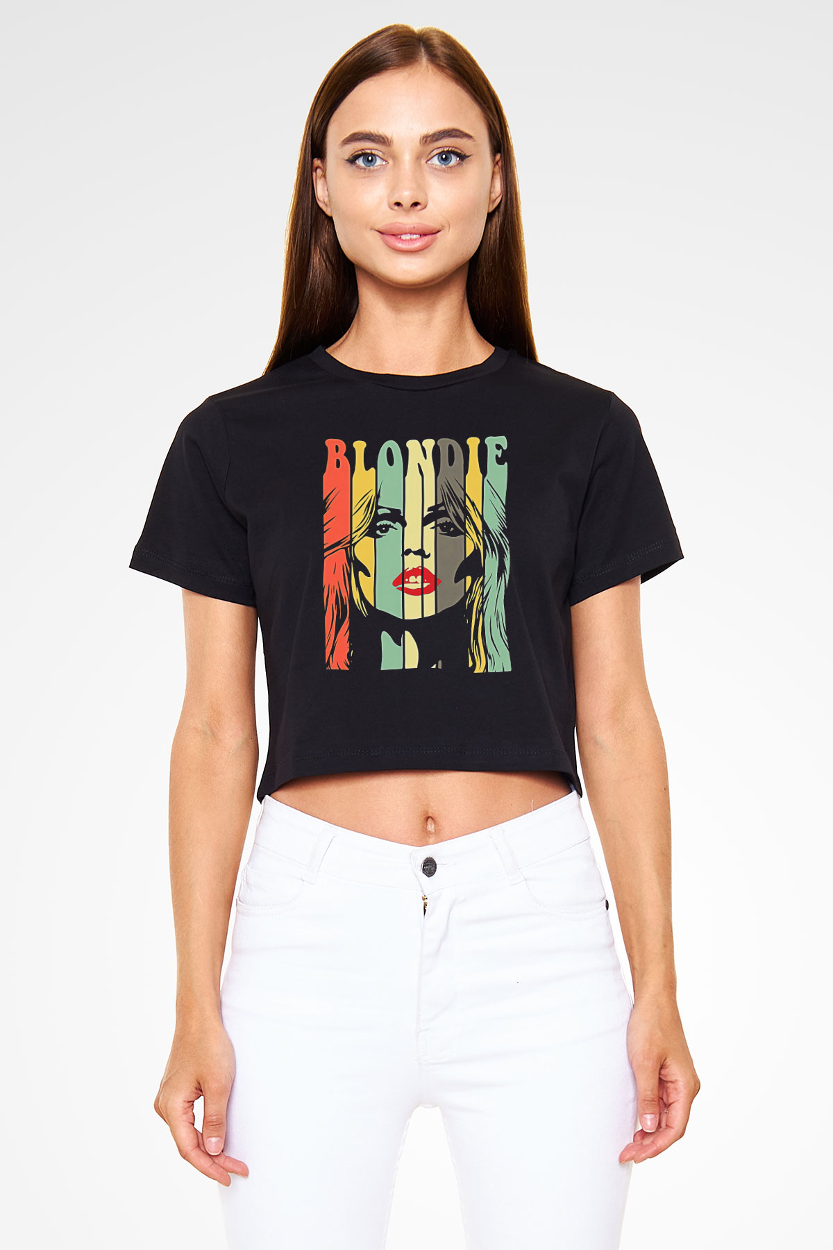 Blondie - Debbie Harry Baskılı Siyah Crop Top Kadın Tişört - Tshirt