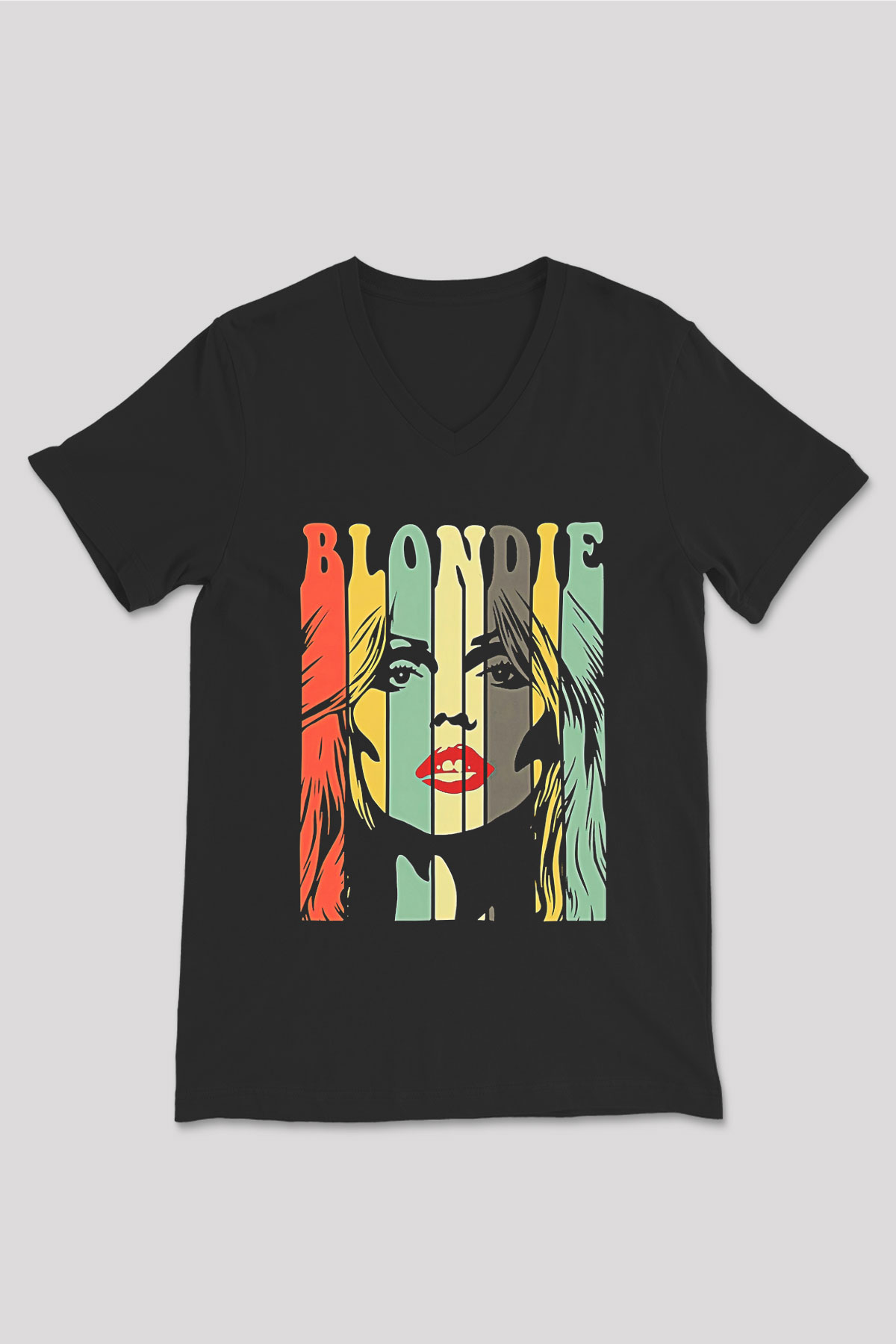 Blondie - Debbie Harry Baskılı Unisex Siyah V Yaka Tişört - Tshirt