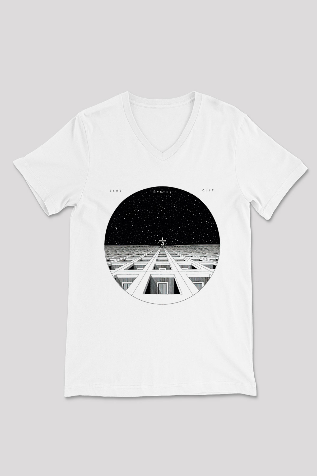 Blue Oyster Cult Baskılı Beyaz Unisex V Yaka Tişört - Tshirt