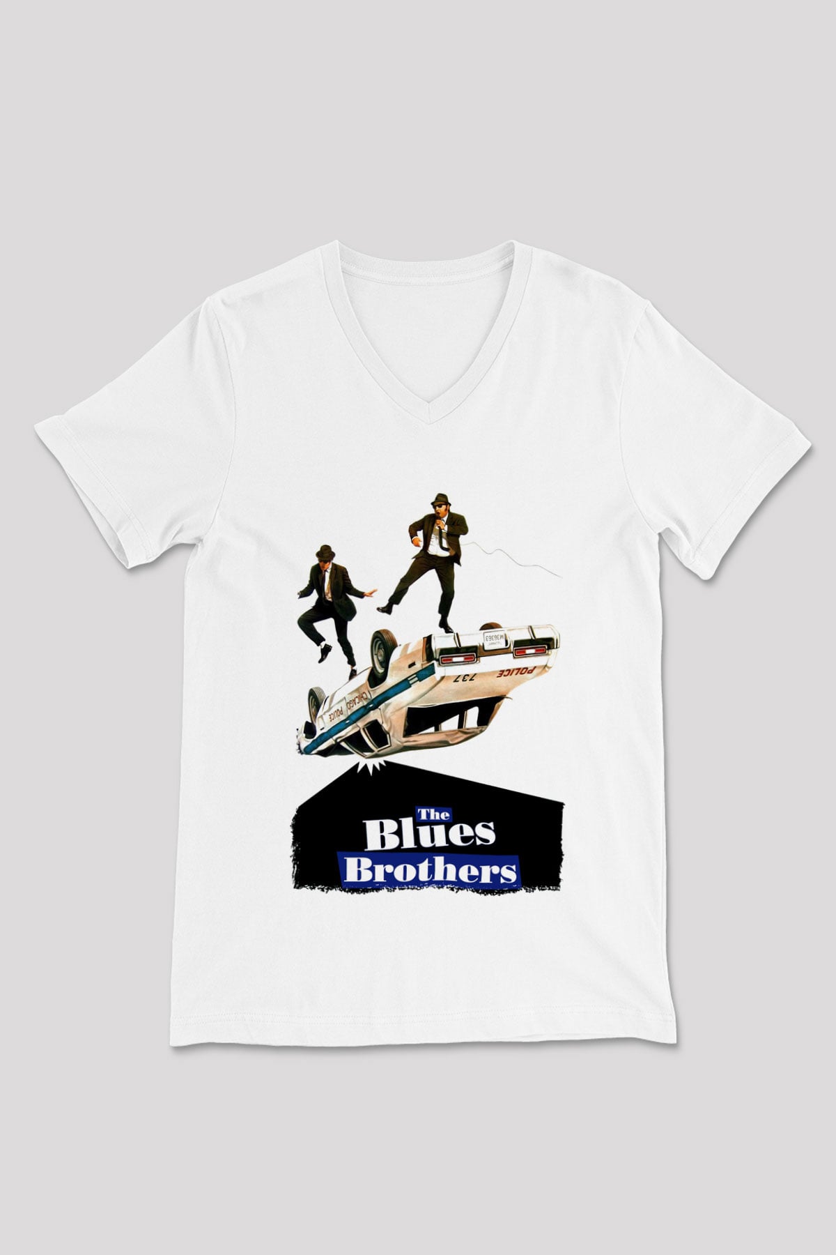 Blues Brothers Beyaz Unisex V Yaka Tişört