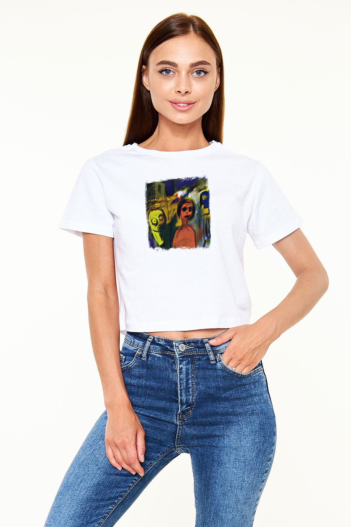 Blur Baskılı Unisex Beyaz Crop Top Tişört