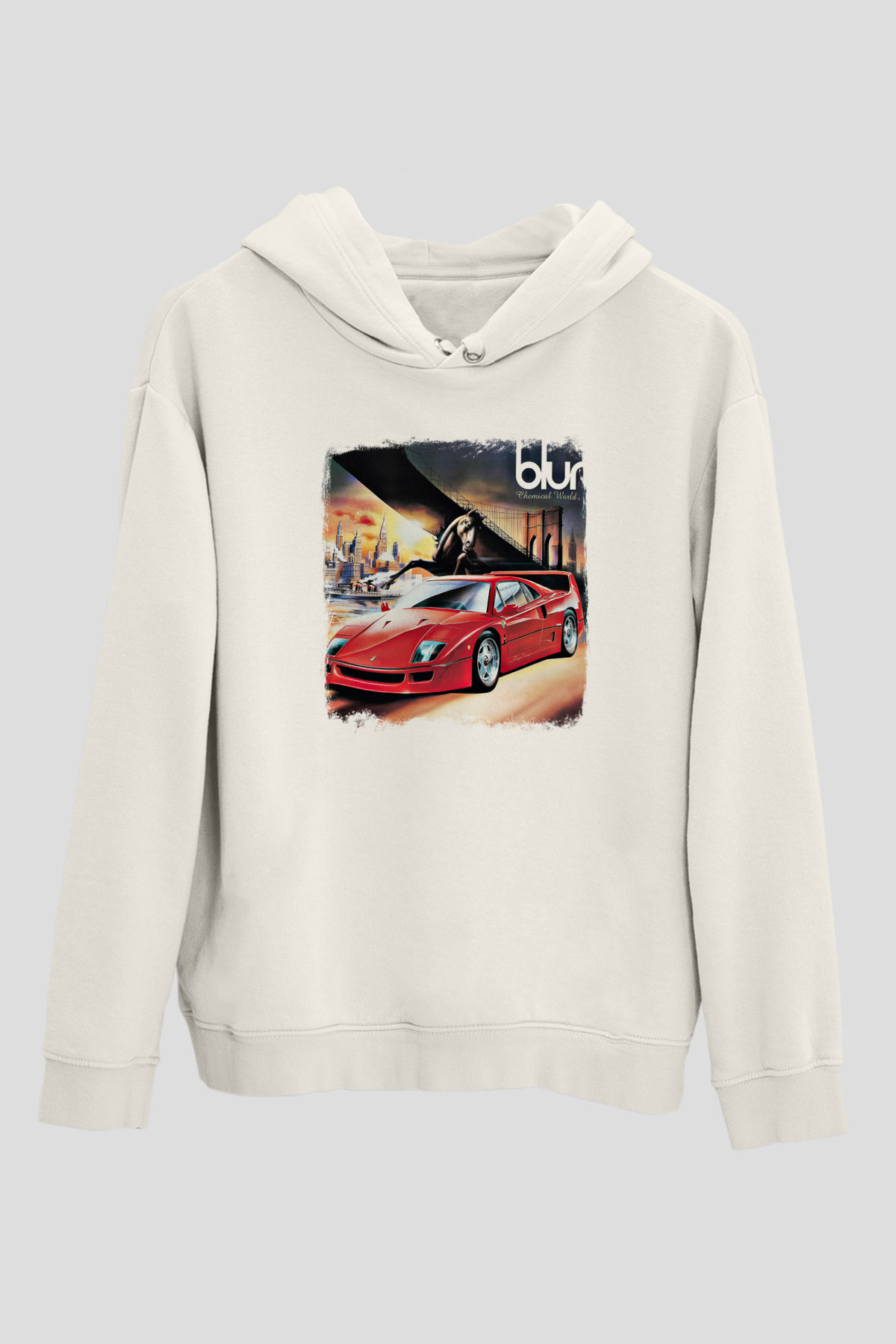 Blur Baskılı Unisex Beyaz Hoodie